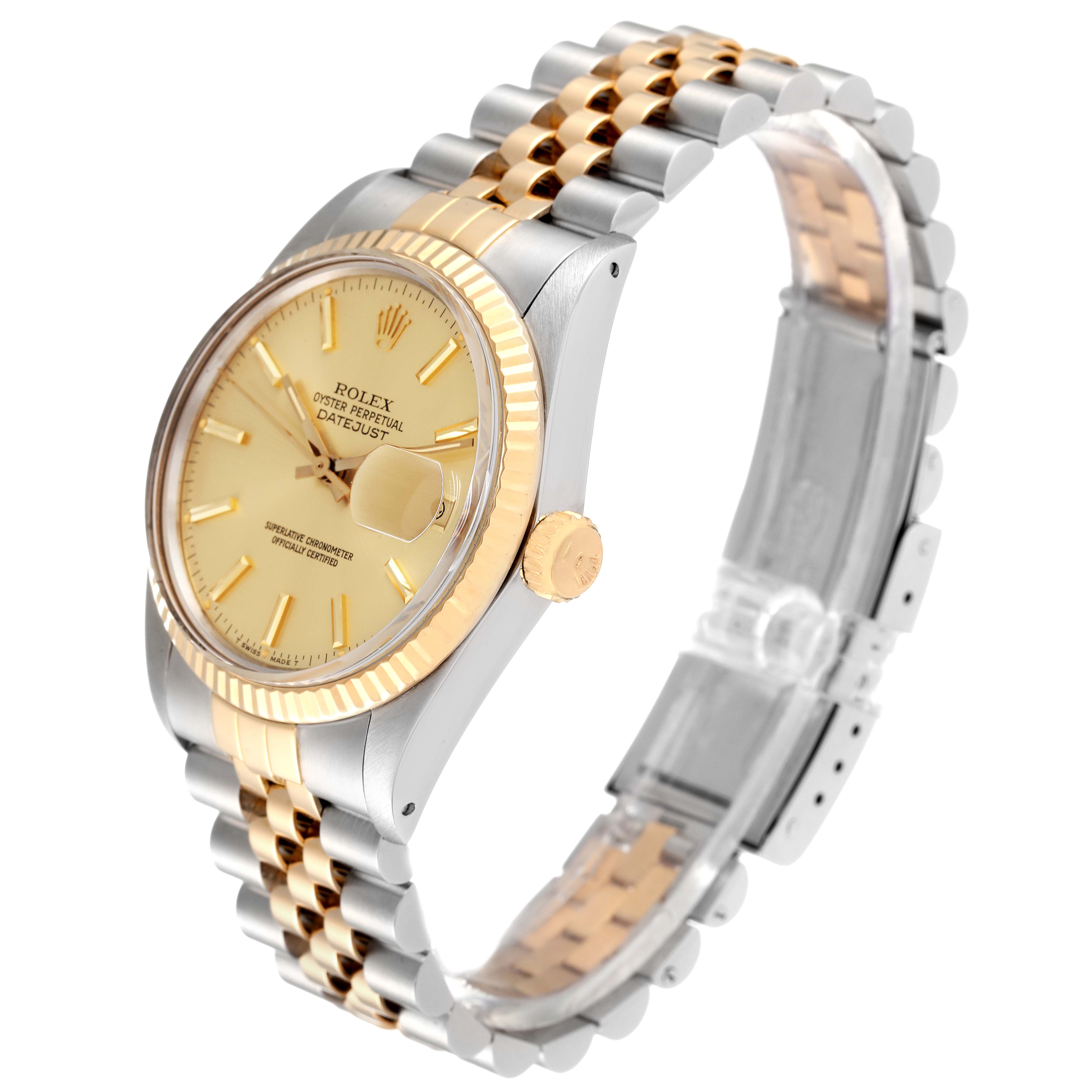 A Rolex Vintage Collection 16013 Men
s Steel and Gold (two tone) Champagne Dial 16013 Men
s Steel and Gold (two tone) Champagne Dial watch is shown at a three-quarter angle, featuring its gold and silver case, gold dial, and two-tone bracelet.