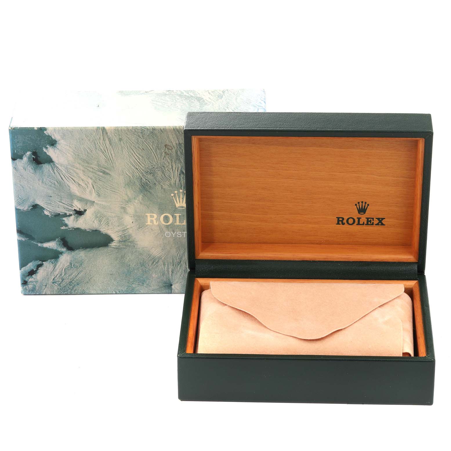 The image shows the Rolex Vintage Collection 16013 Men
s Steel and Gold (two tone) Champagne Dial 16013 Men
s Steel and Gold (two tone) Champagne Dial watch case, including the open box with a suede pouch and an outer decorative box.