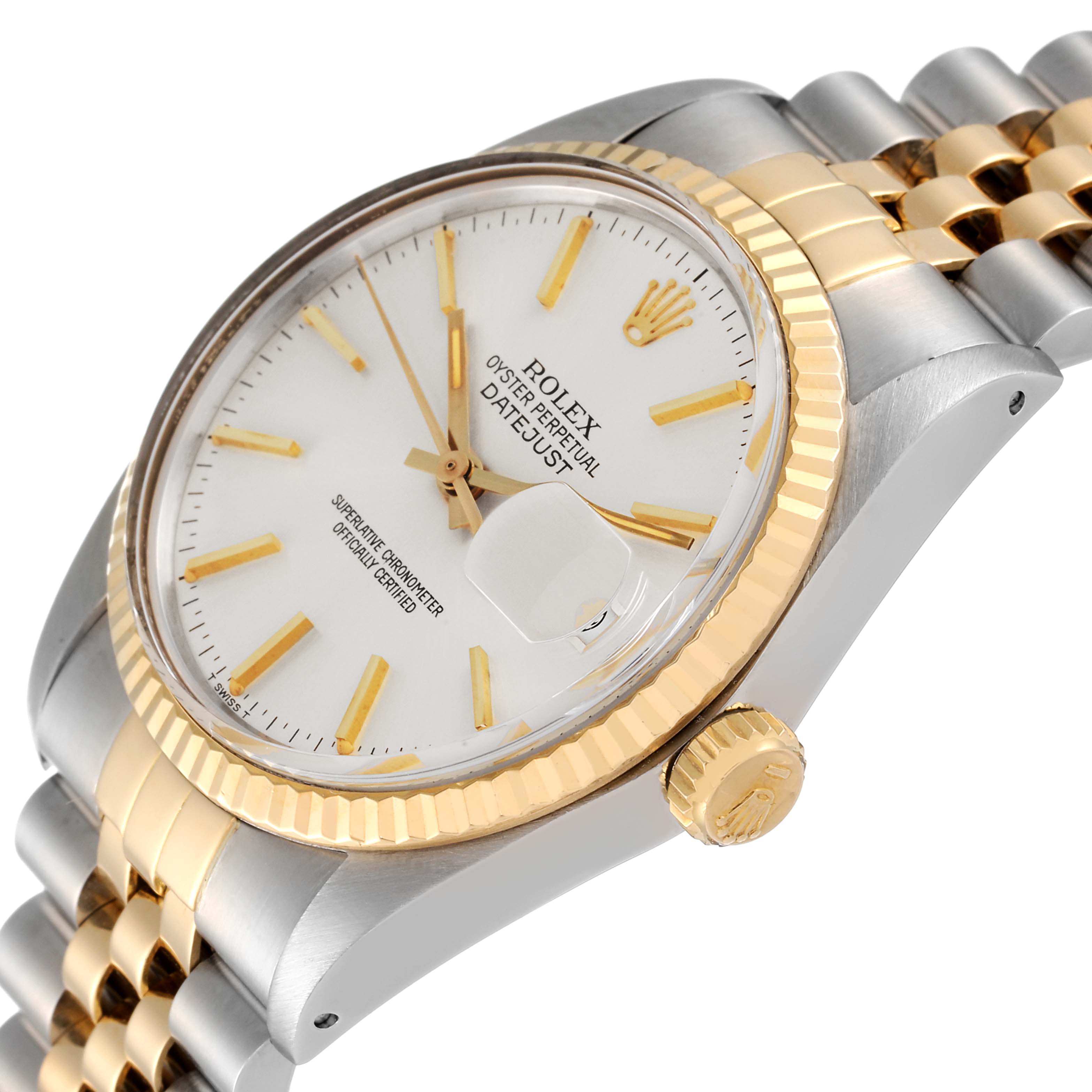 The Rolex Vintage Collection 16013 Men
s Steel and Gold (two tone) Silver Dial 16013 Men
s Steel and Gold (two tone) Silver Dial watch is shown from a side angle, highlighting the bezel, dial, crown, and part of the bracelet.