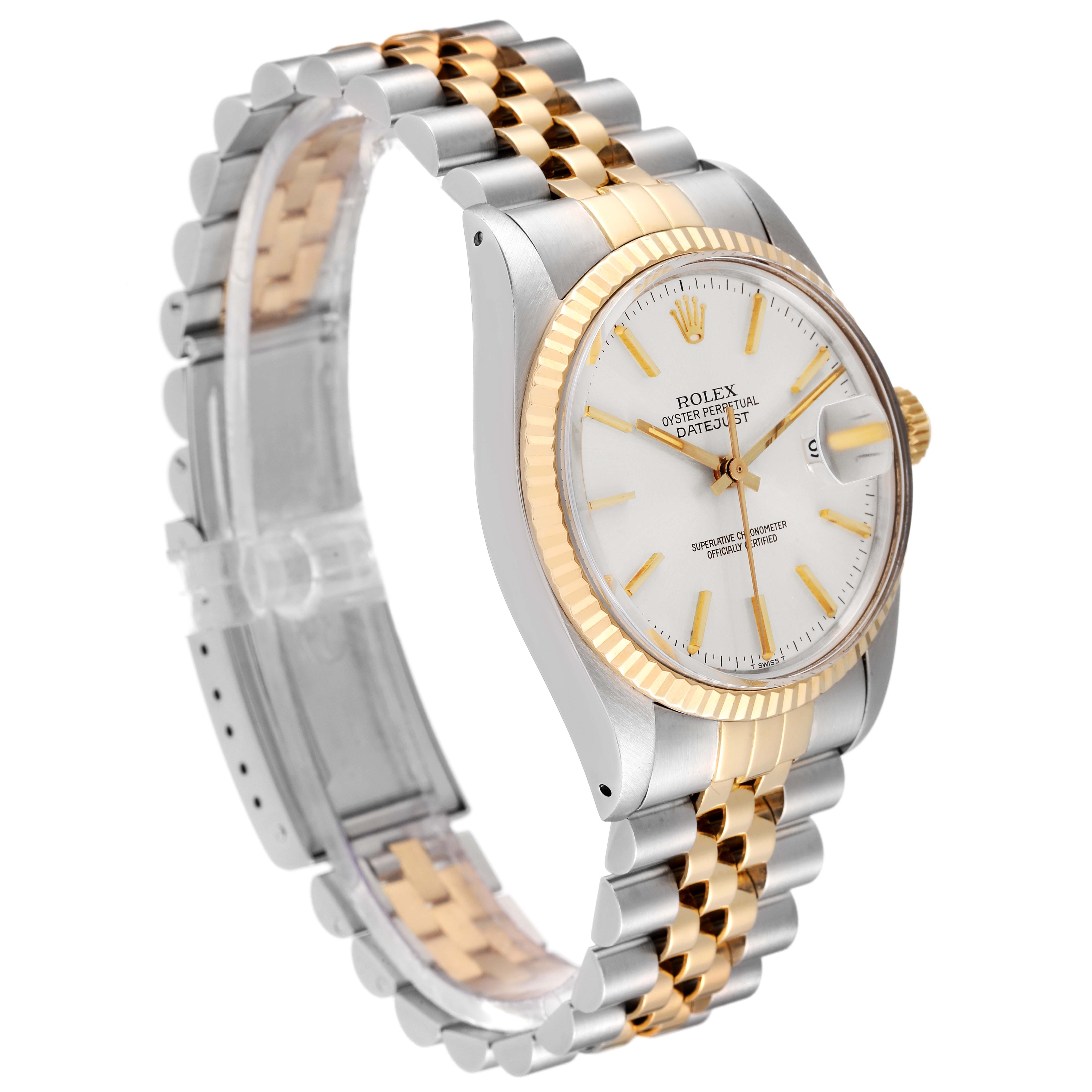 The Rolex Vintage Collection 16013 Men
s Steel and Gold (two tone) Silver Dial 16013 Men
s Steel and Gold (two tone) Silver Dial watch is shown at a three-quarter angle, highlighting the face, case, and part of the two-tone bracelet.