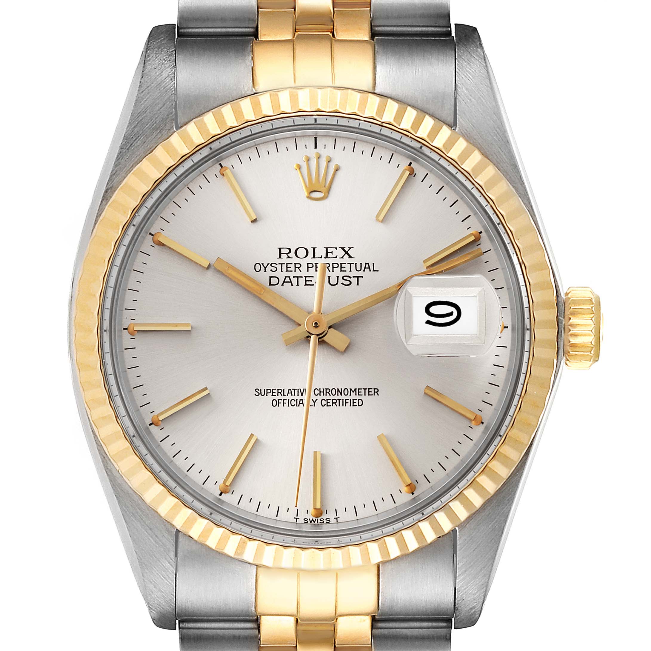 This image shows a frontal view of the Rolex Vintage Collection 16013 Men
s Steel and Gold (two tone) Silver Dial 16013 Men
s Steel and Gold (two tone) Silver Dial Datejust, highlighting the dial, bezel, crown, and bracelet.