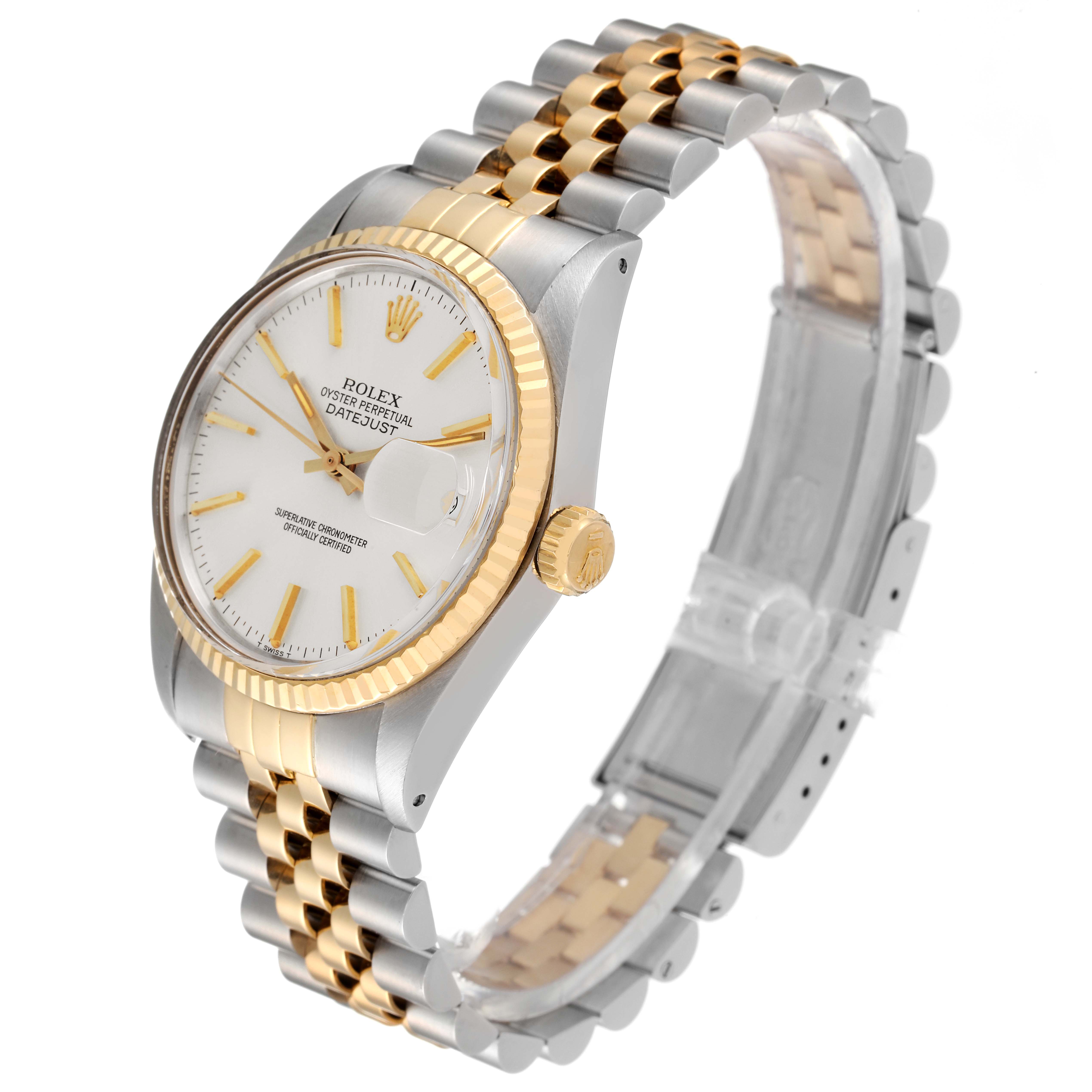 The Rolex Vintage Collection 16013 Men
s Steel and Gold (two tone) Silver Dial 16013 Men
s Steel and Gold (two tone) Silver Dial model is shown at an angle displaying the face, crown, and two-tone bracelet.