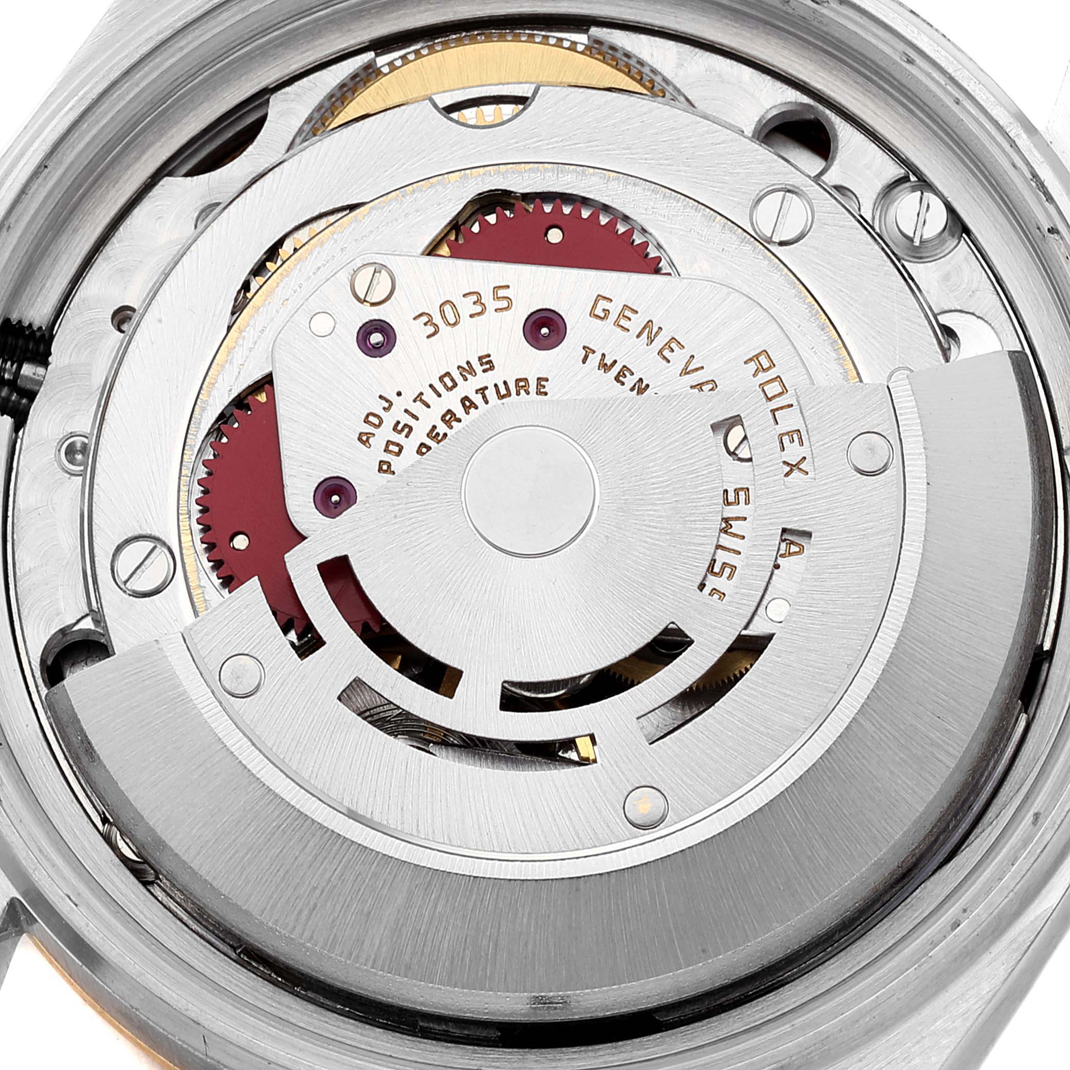 This image shows the internal movement mechanism of a Rolex Vintage Collection 16013 Men
s Steel and Gold (two tone) Silver Dial 16013 Men
s Steel and Gold (two tone) Silver Dial watch from a close-up, top-down angle.