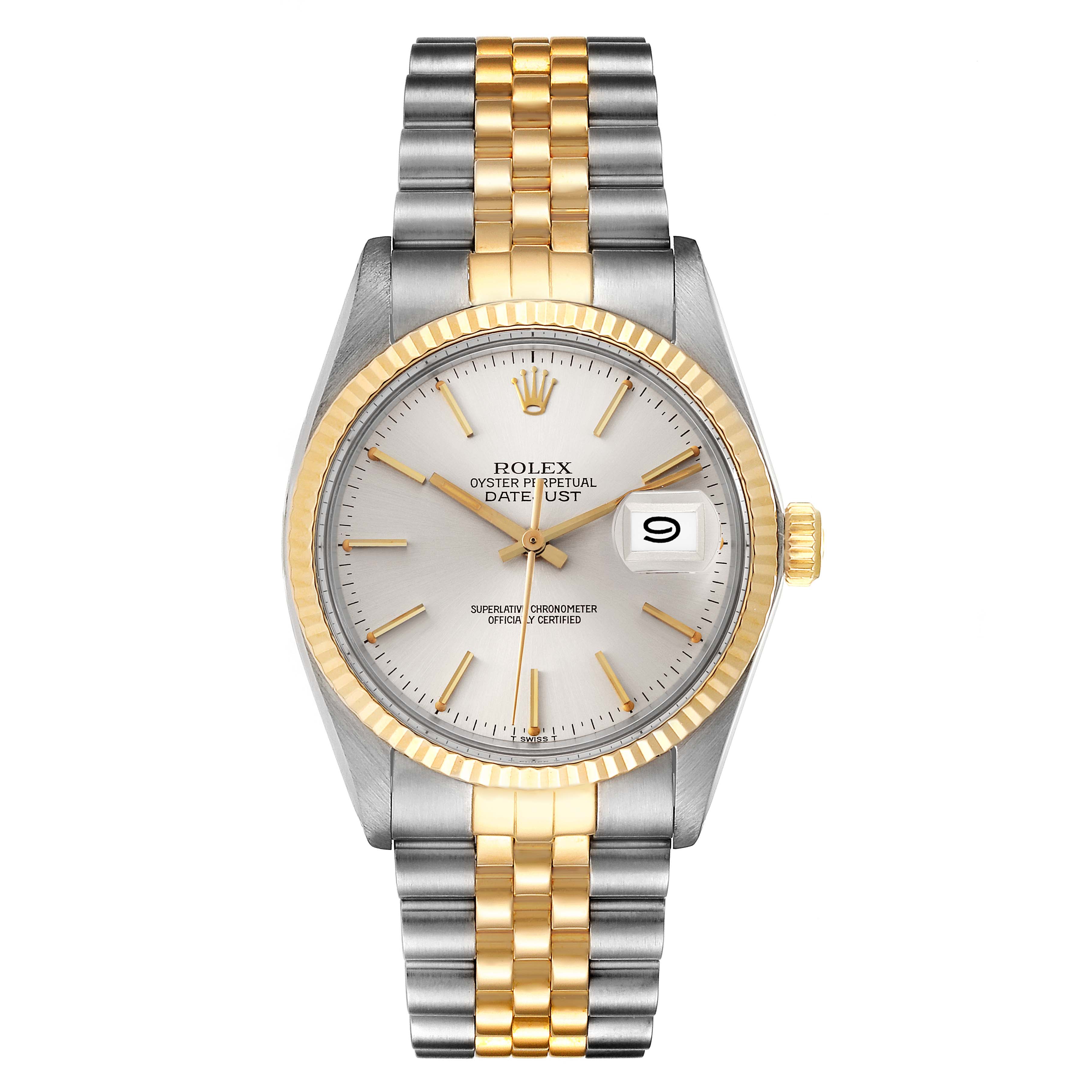 The image shows a frontal view of a Rolex Vintage Collection 16013 Men
s Steel and Gold (two tone) Silver Dial 16013 Men
s Steel and Gold (two tone) Silver Dial Datejust watch with a two-tone bracelet and date display.