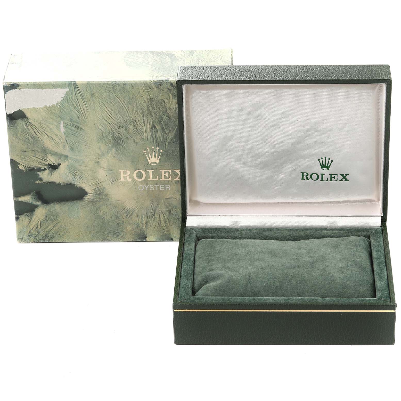 The image shows an open and empty Rolex Vintage Collection 16013 Men
s Steel and Gold (two tone) Silver Dial 16013 Men
s Steel and Gold (two tone) Silver Dial watch box with a matching outer box.