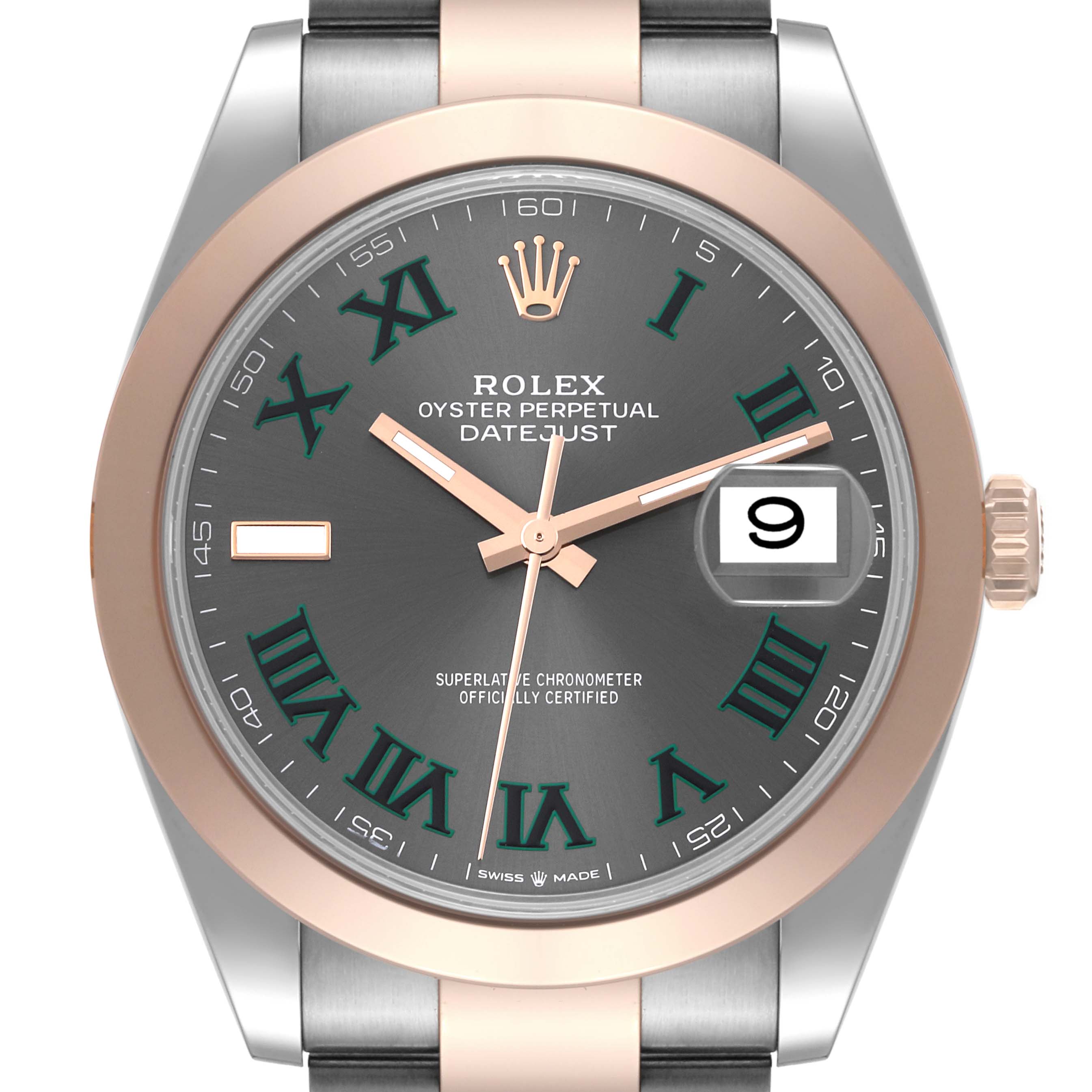 This image shows a front-facing view of a Rolex Datejust 41 126301 Men's Steel and Gold (two tone) Grey Dial 126301 Men's Steel and Gold (two tone) Grey Dial watch, highlighting the dial, bezel, and bracelet.