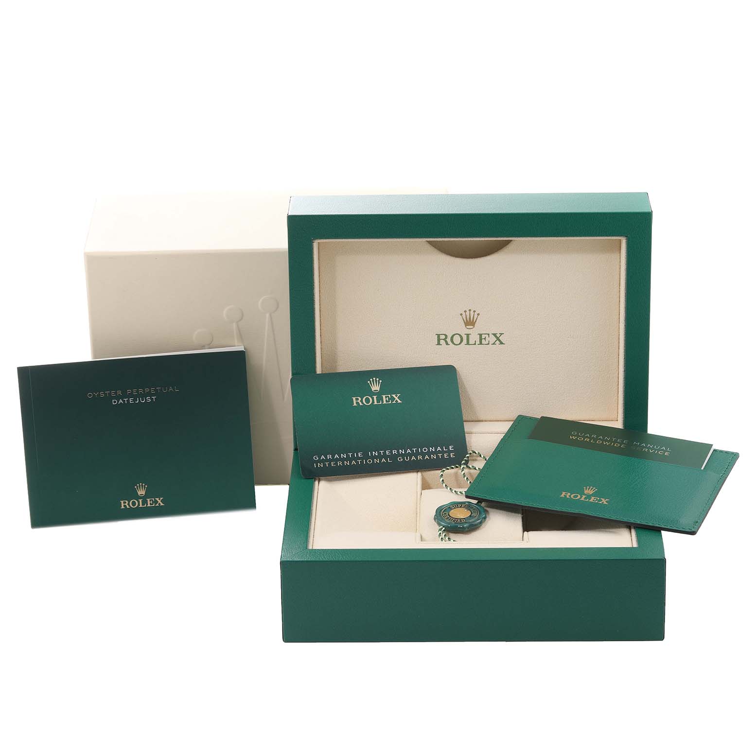 The image shows the box, international guarantee, manuals, and tags for a Rolex Datejust 41 126301 Men's Steel and Gold (two tone) Grey Dial 126301 Men's Steel and Gold (two tone) Grey Dial model.
