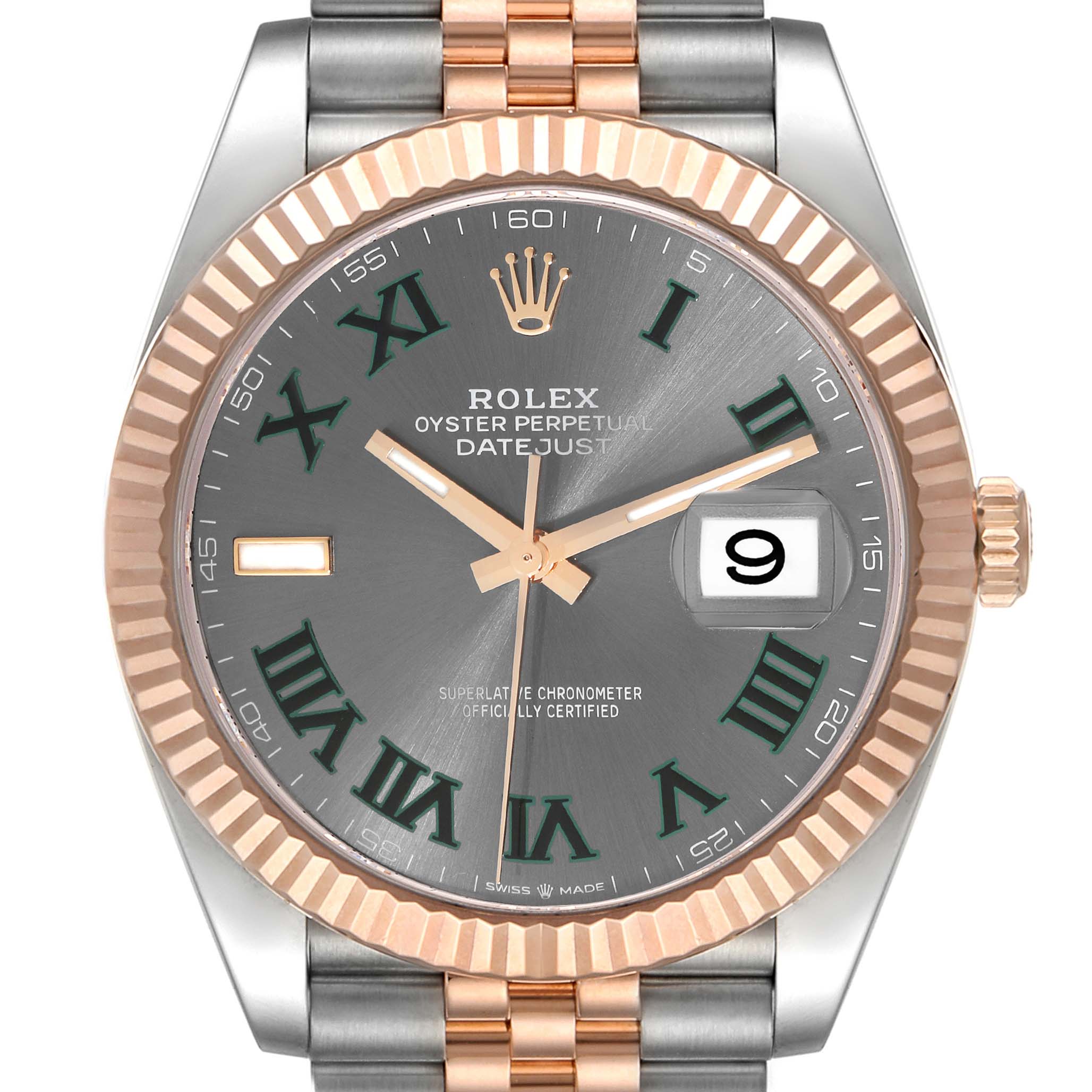 The image shows a front view of the Rolex Datejust 41 126331 Men's Steel and Gold (two tone) Grey Dial 126331 Men's Steel and Gold (two tone) Grey Dial watch, displaying its gray dial with Roman numerals, date window, and two-tone bracelet.