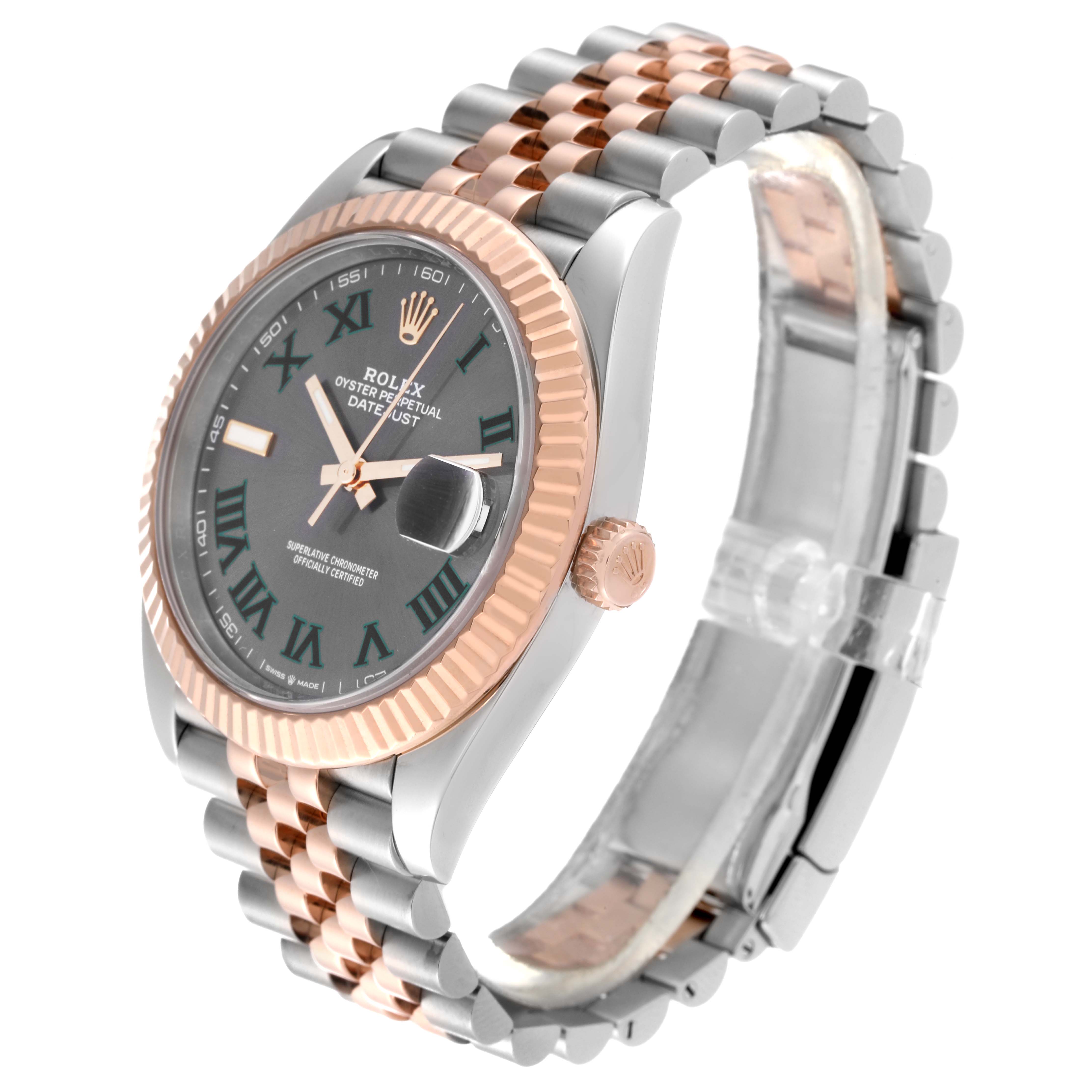 The image shows a Rolex Datejust 41 126331 Men's Steel and Gold (two tone) Grey Dial 126331 Men's Steel and Gold (two tone) Grey Dial watch at an angle highlighting its two-tone Jubilee bracelet, fluted bezel, and dial.