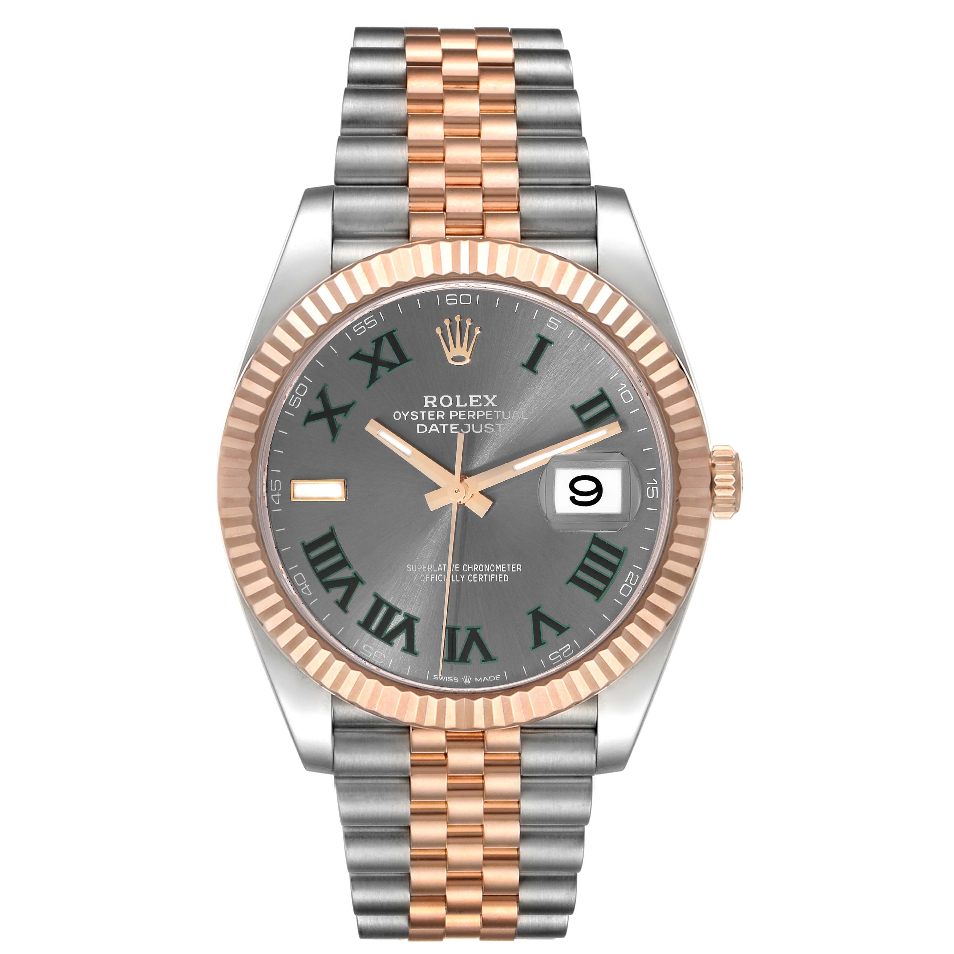 The image shows a front view of the Rolex Datejust 41 126331 Men's Steel and Gold (two tone) Grey Dial 126331 Men's Steel and Gold (two tone) Grey Dial, featuring a two-tone Jubilee bracelet, fluted bezel, and Roman numeral dial.