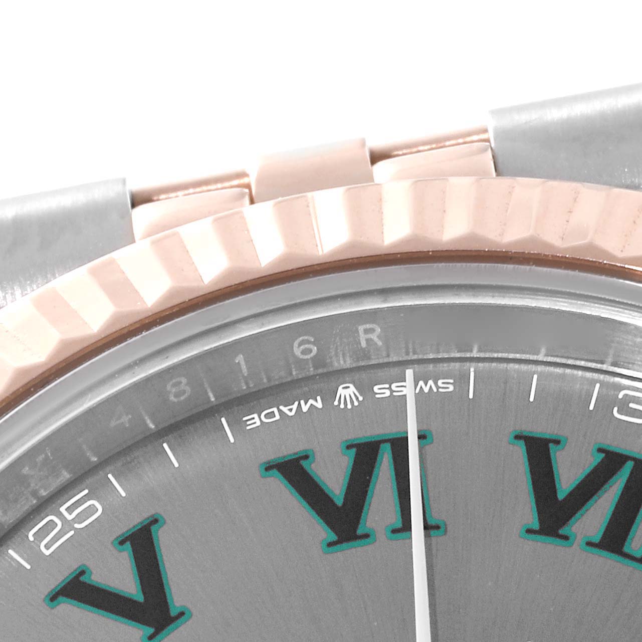 The image shows a close-up of the dial, bezel, and bracelet of a Rolex Datejust 41 126331 Men's Steel and Gold (two tone) Grey Dial 126331 Men's Steel and Gold (two tone) Grey Dial model.