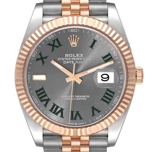 The image shows a Rolex Datejust 41 watch with a two-tone bracelet, fluted bezel, and gray dial with green Roman numerals.