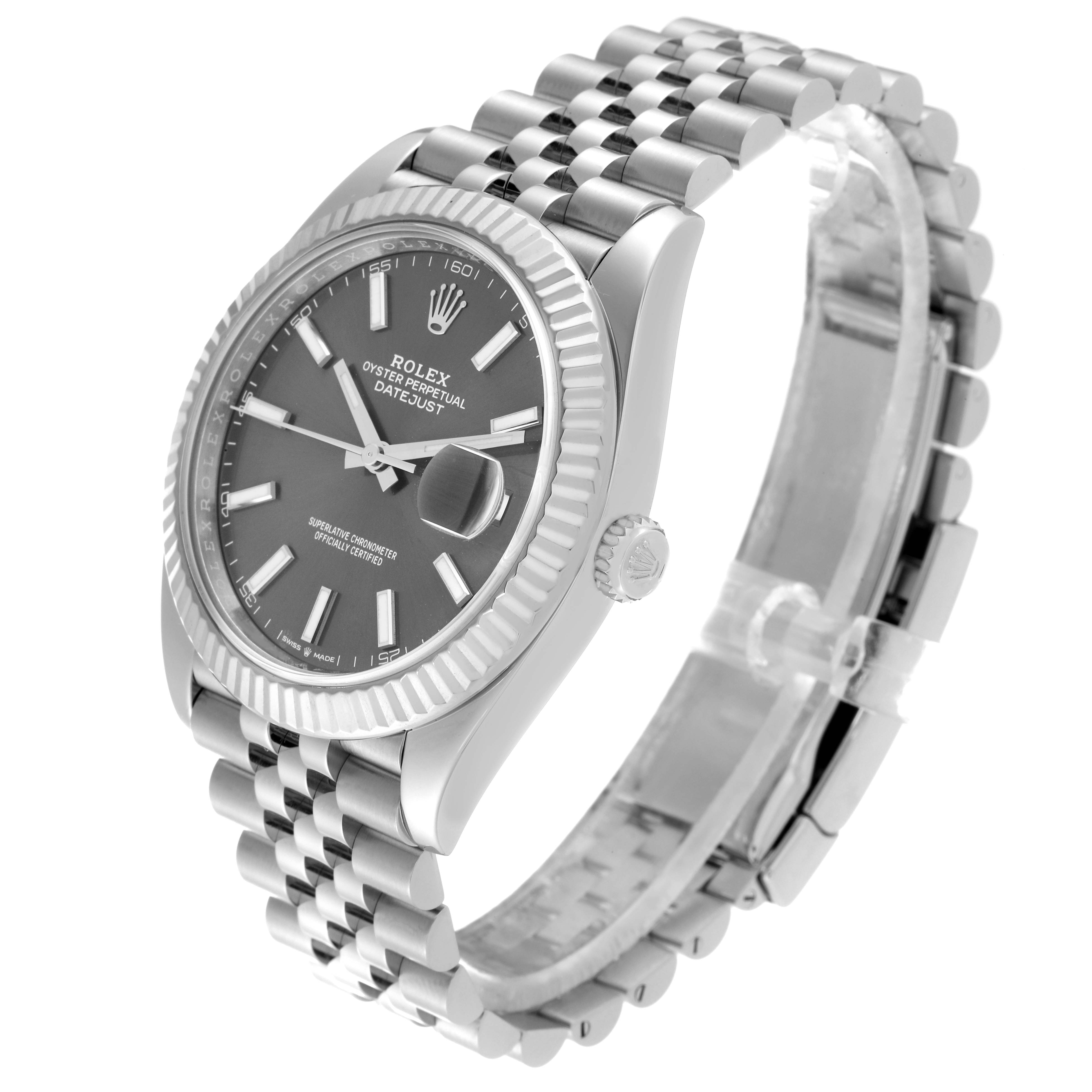 The Rolex Datejust 41 126334 Men's Stainless Steel Grey Dial 126334 Men's Stainless Steel Grey Dial watch is shown from a high-angle perspective, displaying its face, bracelet, and side profile.