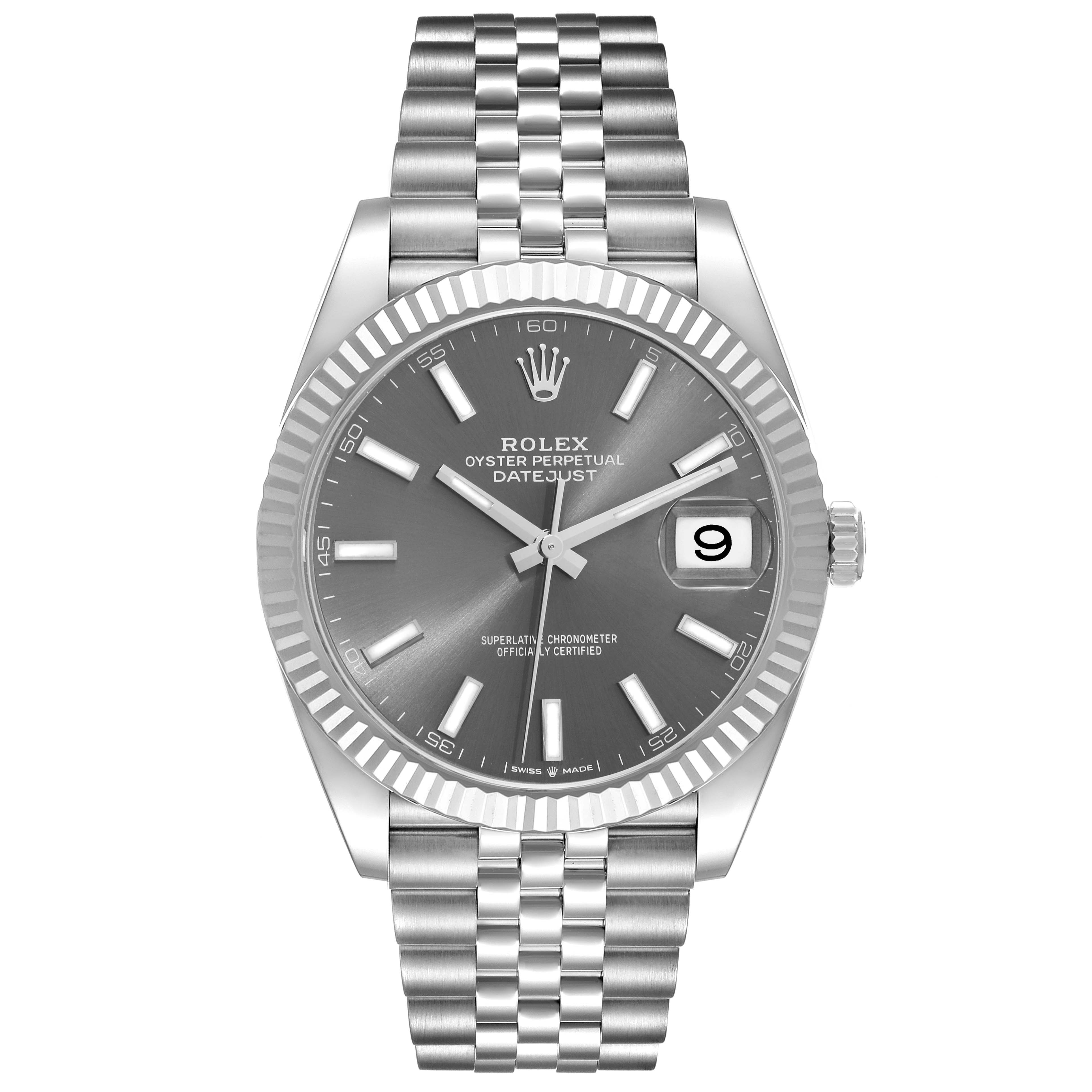 This image shows a front view of a Rolex Datejust 41 126334 Men's Stainless Steel Grey Dial 126334 Men's Stainless Steel Grey Dial watch with a gray dial, fluted bezel, and Jubilee bracelet.