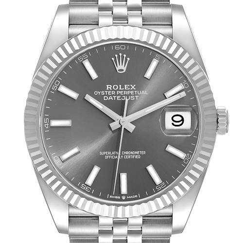 This image shows a frontal view of the Rolex Datejust 41 watch, highlighting its dial, bezel, and bracelet.