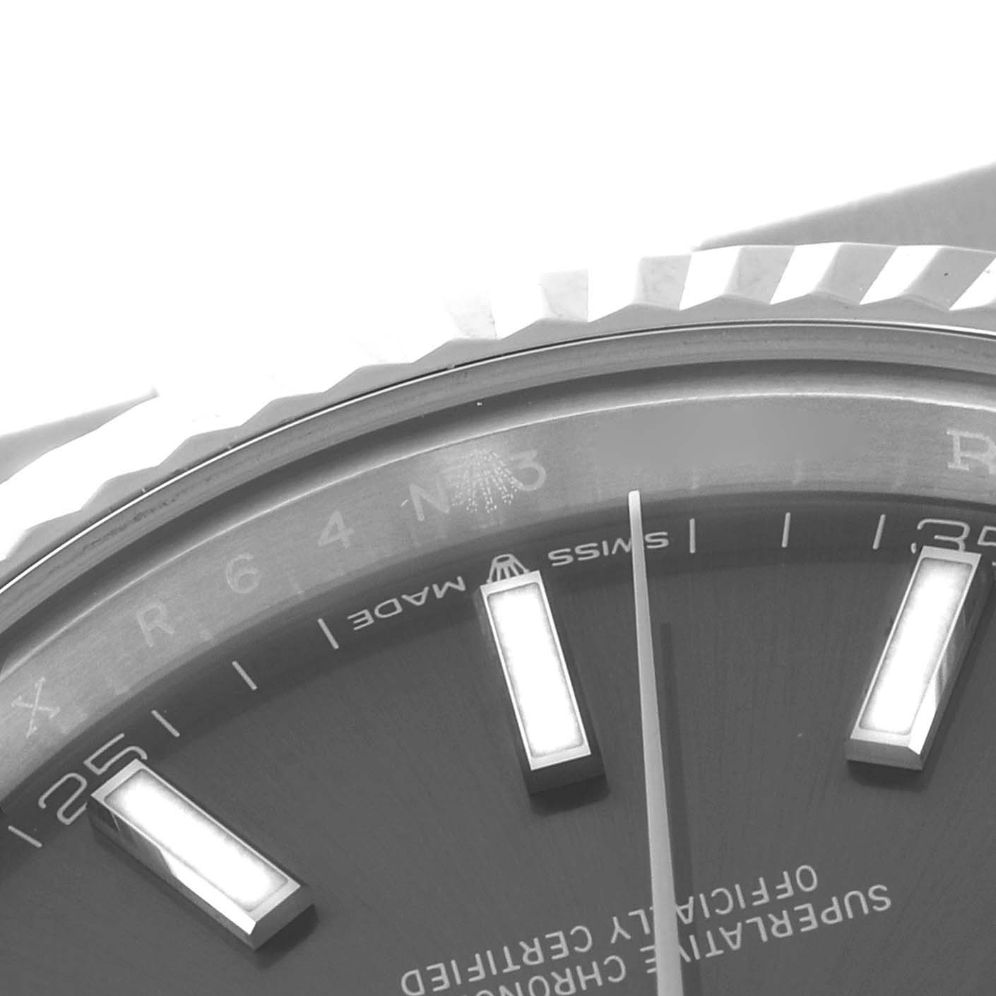 This image shows a close-up of the dial, markers, and part of the bezel of a Rolex Datejust 41 126334 Men's Stainless Steel Grey Dial 126334 Men's Stainless Steel Grey Dial watch.