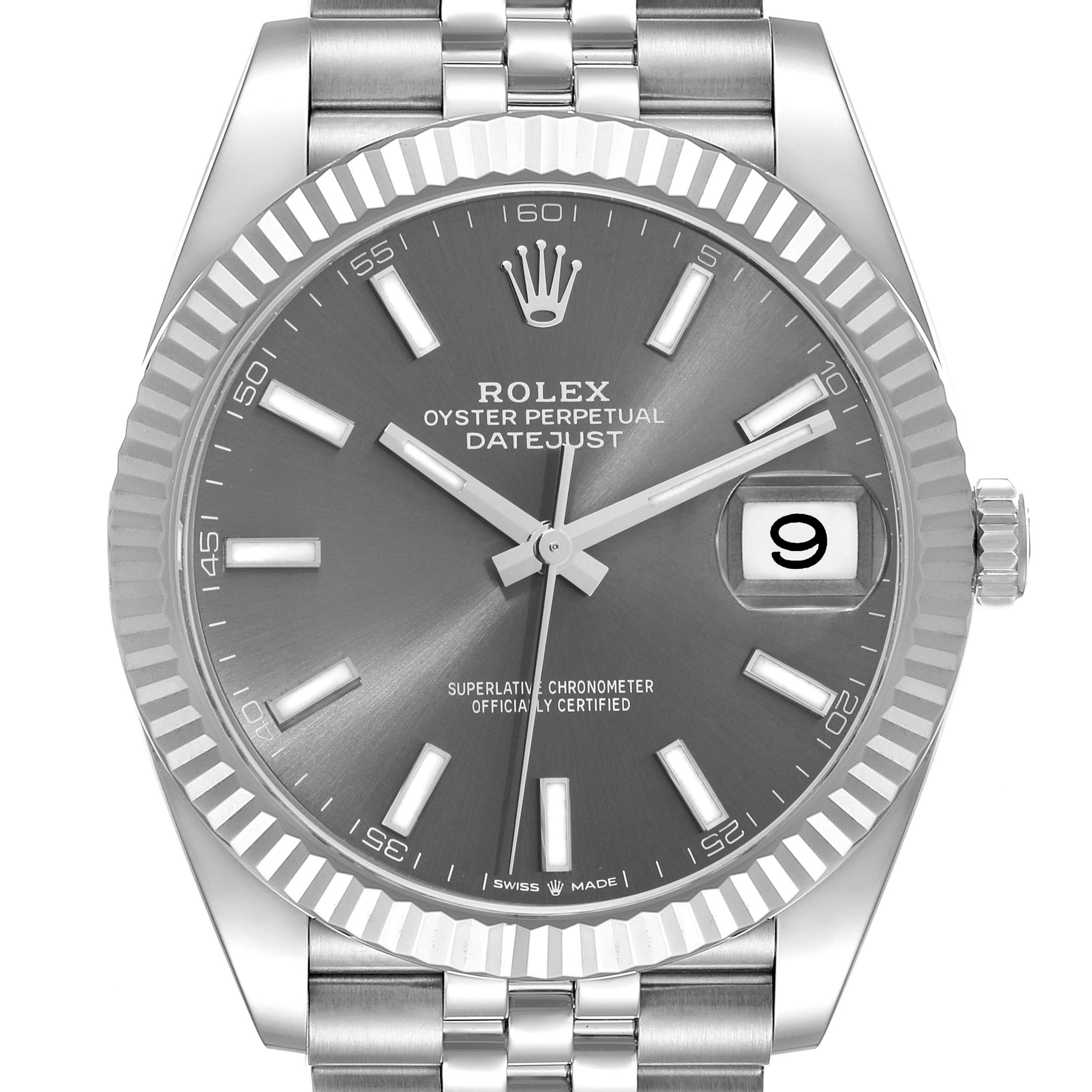 The image shows a front view of the Rolex Datejust 41 126334 Men's Stainless Steel Grey Dial 126334 Men's Stainless Steel Grey Dial watch, highlighting its grey dial, fluted bezel, and date display window.