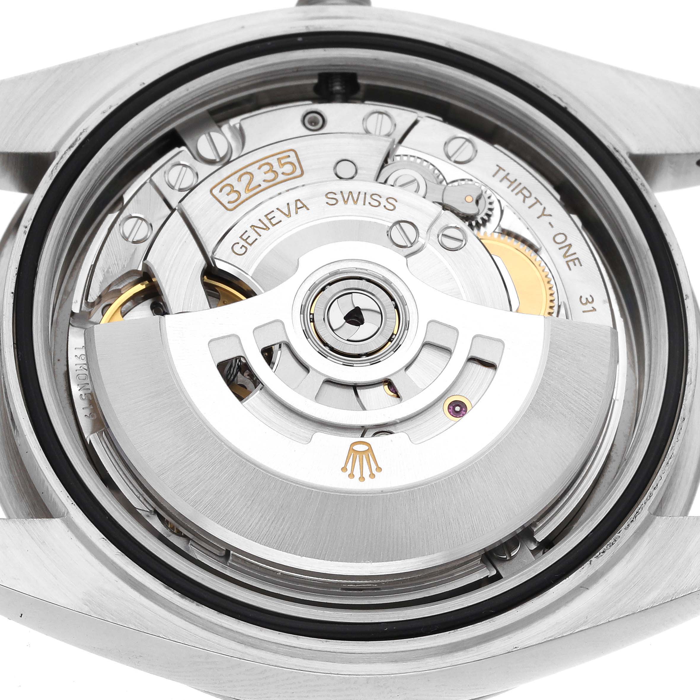 This image shows the movement mechanism of a Rolex Datejust 41 126334 Men's Stainless Steel Grey Dial 126334 Men's Stainless Steel Grey Dial watch from a rear angle.