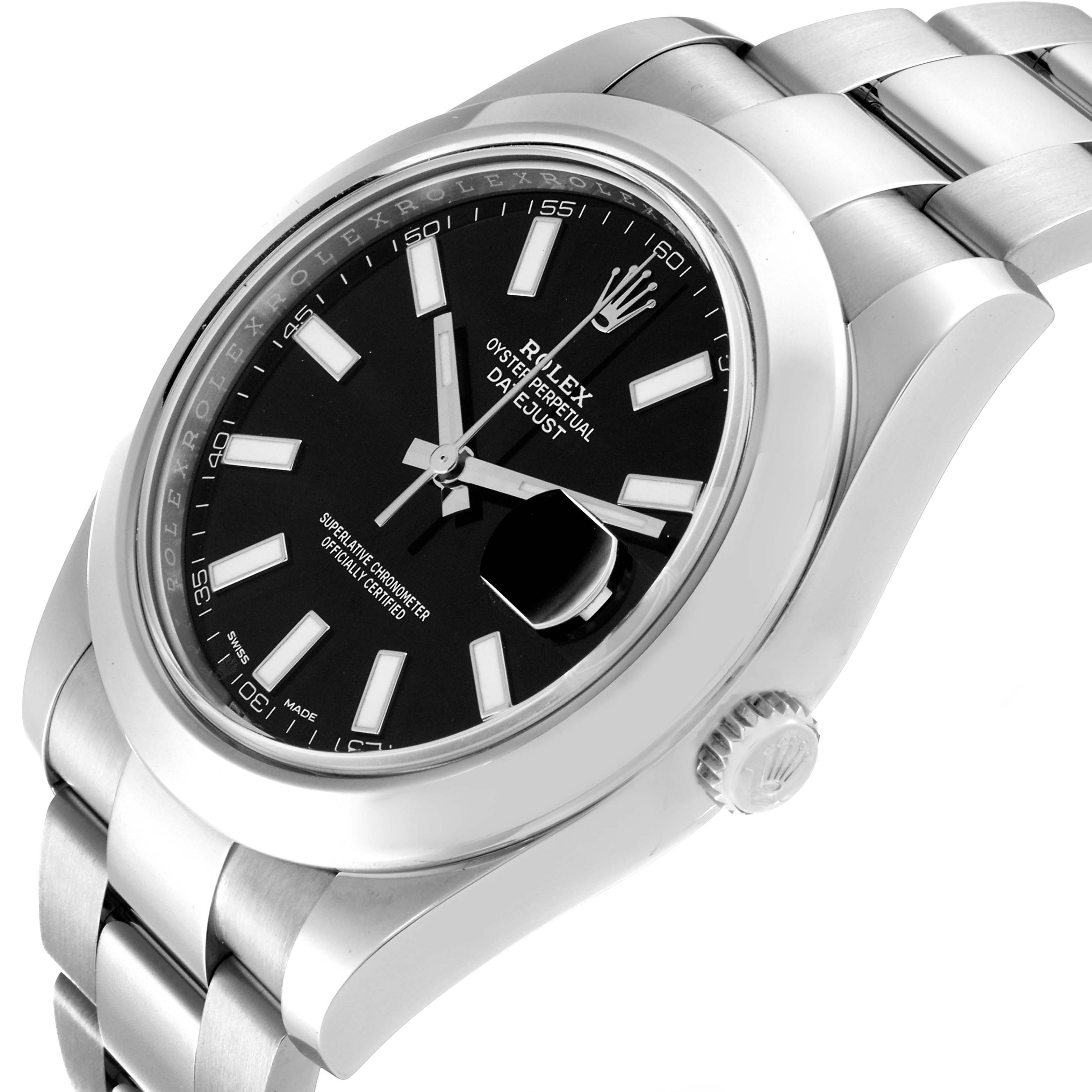 The image shows a close-up, angled view of the Rolex Datejust 41 116300 Men's Stainless Steel Black Dial 116300 Men's Stainless Steel Black Dial watch, highlighting the black dial, bezel, and part of the bracelet.
