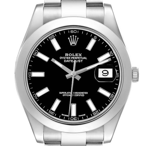 This image shows a front view of a Rolex Datejust 41 watch, highlighting its black dial, date window, and stainless steel bracelet.