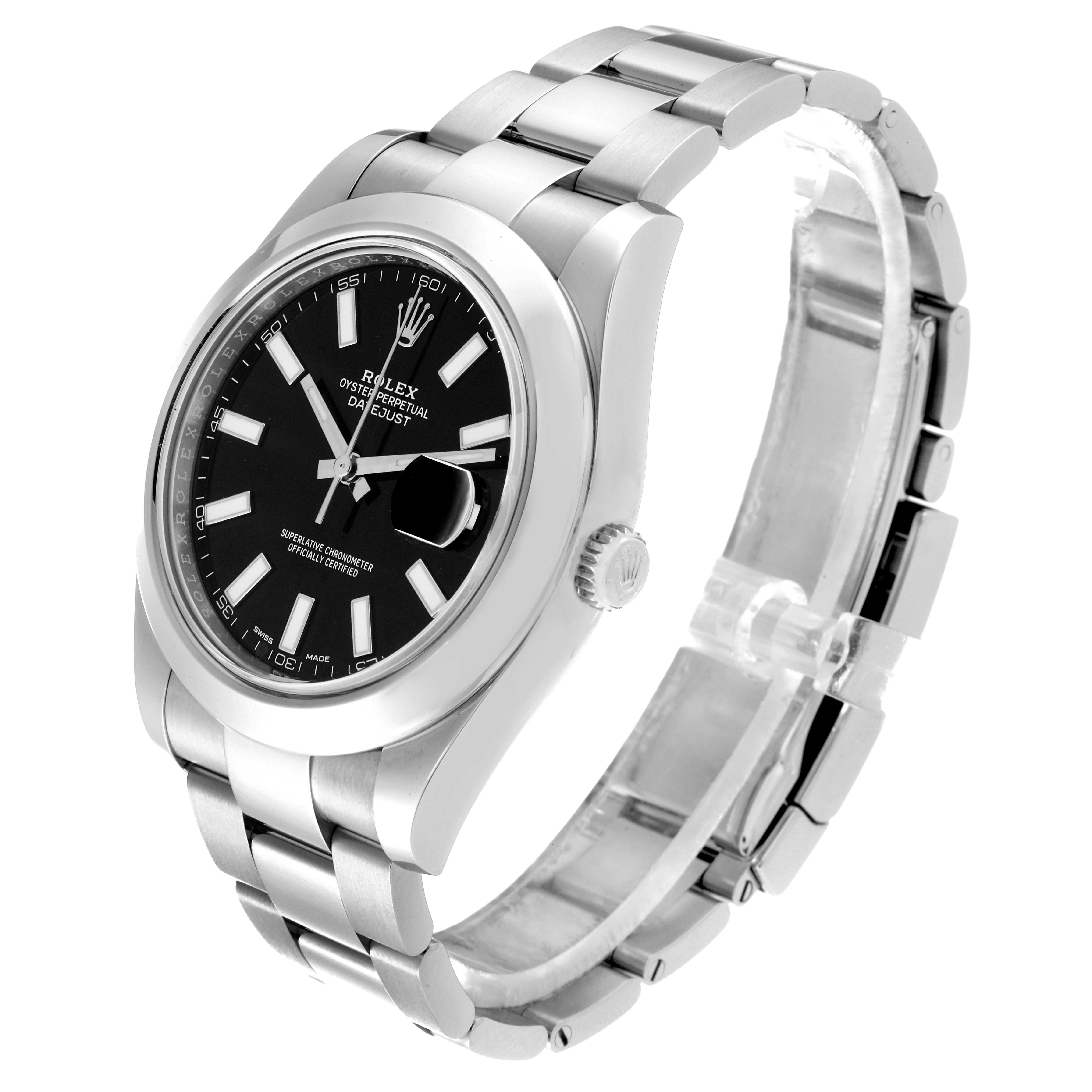 This image shows the Rolex Datejust 41 116300 Men's Stainless Steel Black Dial 116300 Men's Stainless Steel Black Dial watch from a three-quarter angle, highlighting the case, bracelet, dial, and crown.