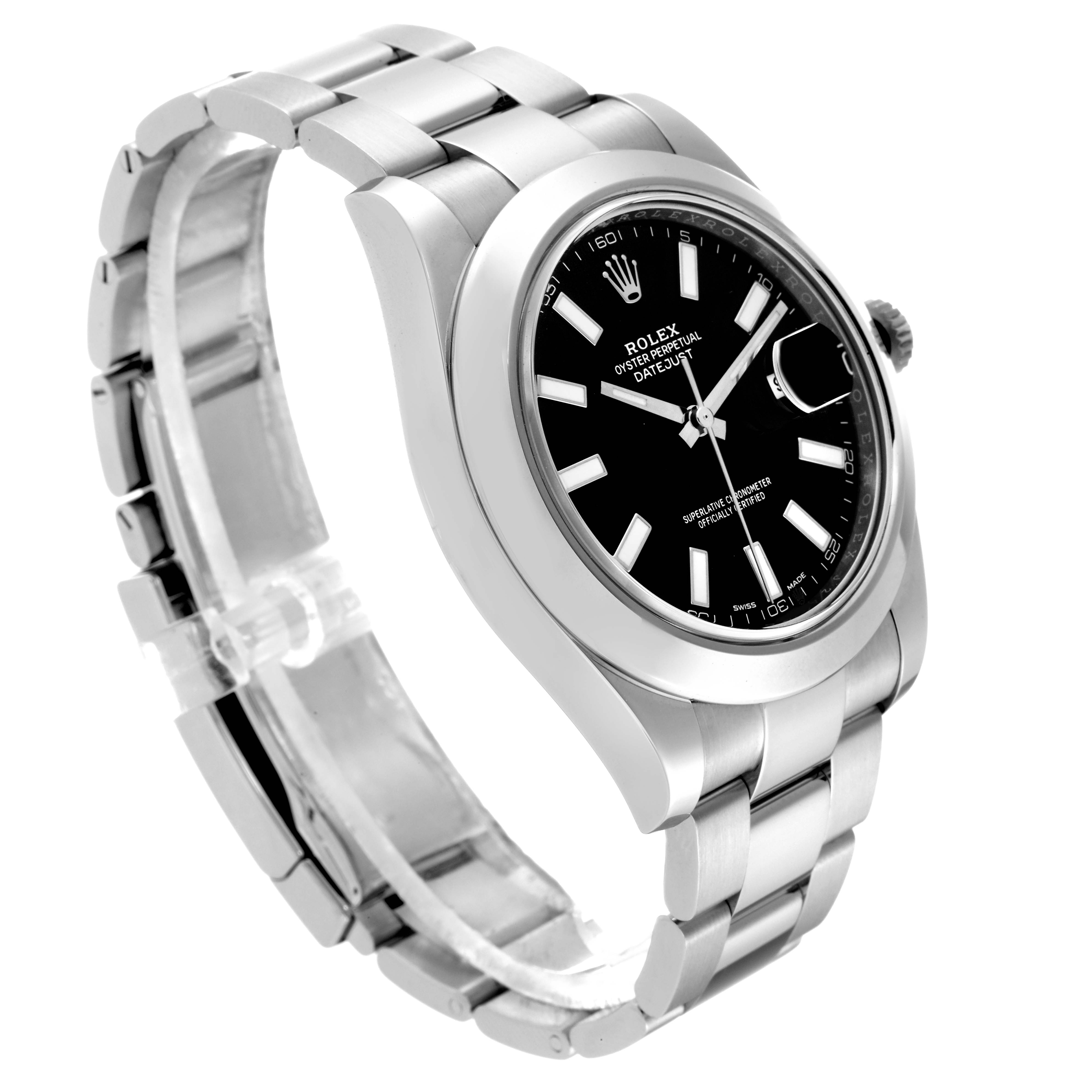 This image shows a three-quarter angle view of a Rolex Datejust 41 116300 Men's Stainless Steel Black Dial 116300 Men's Stainless Steel Black Dial watch, showcasing its face, bezel, and bracelet.