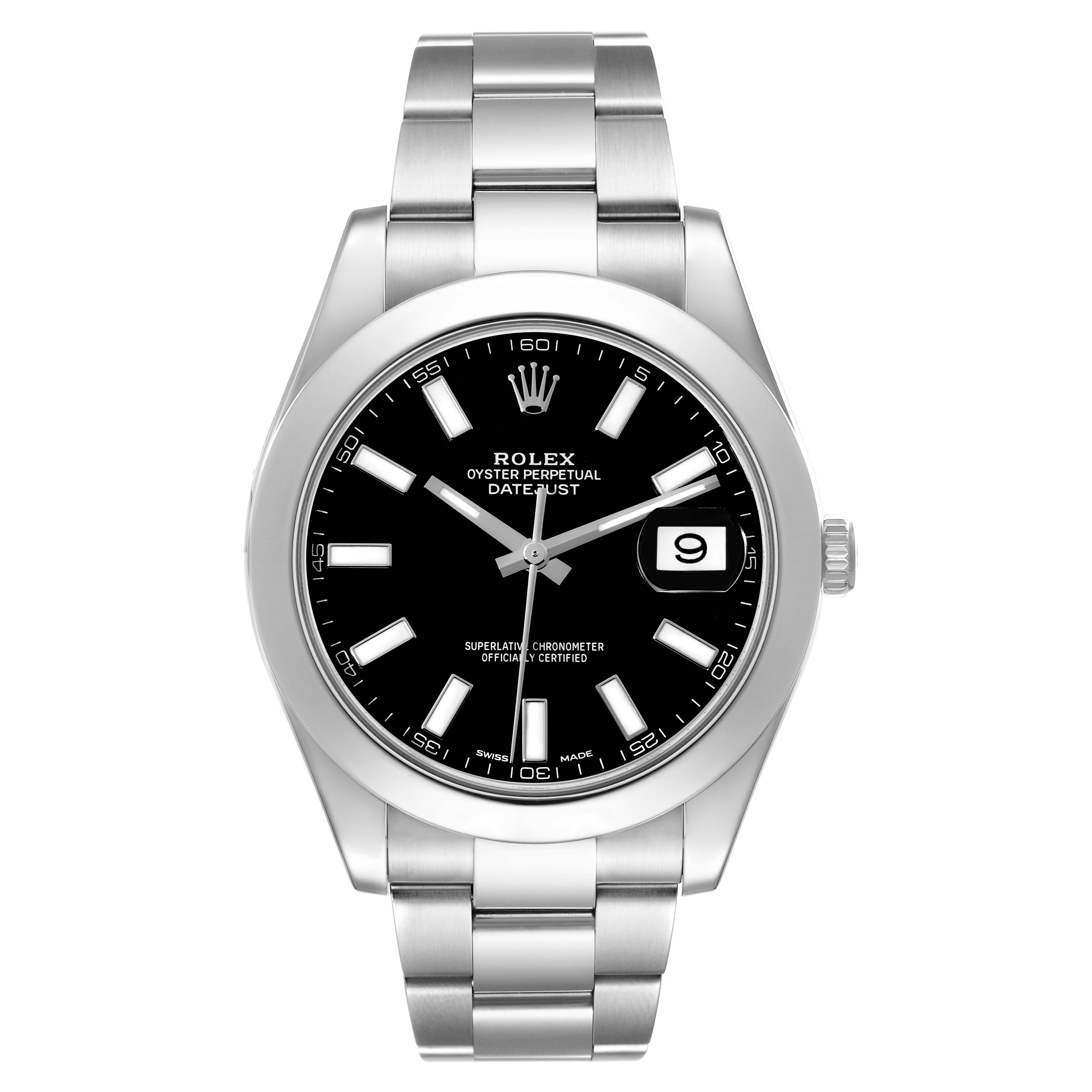 The image shows a front view of a Rolex Datejust 41 116300 Men's Stainless Steel Black Dial 116300 Men's Stainless Steel Black Dial watch, featuring its black dial, date window, and stainless steel bracelet.