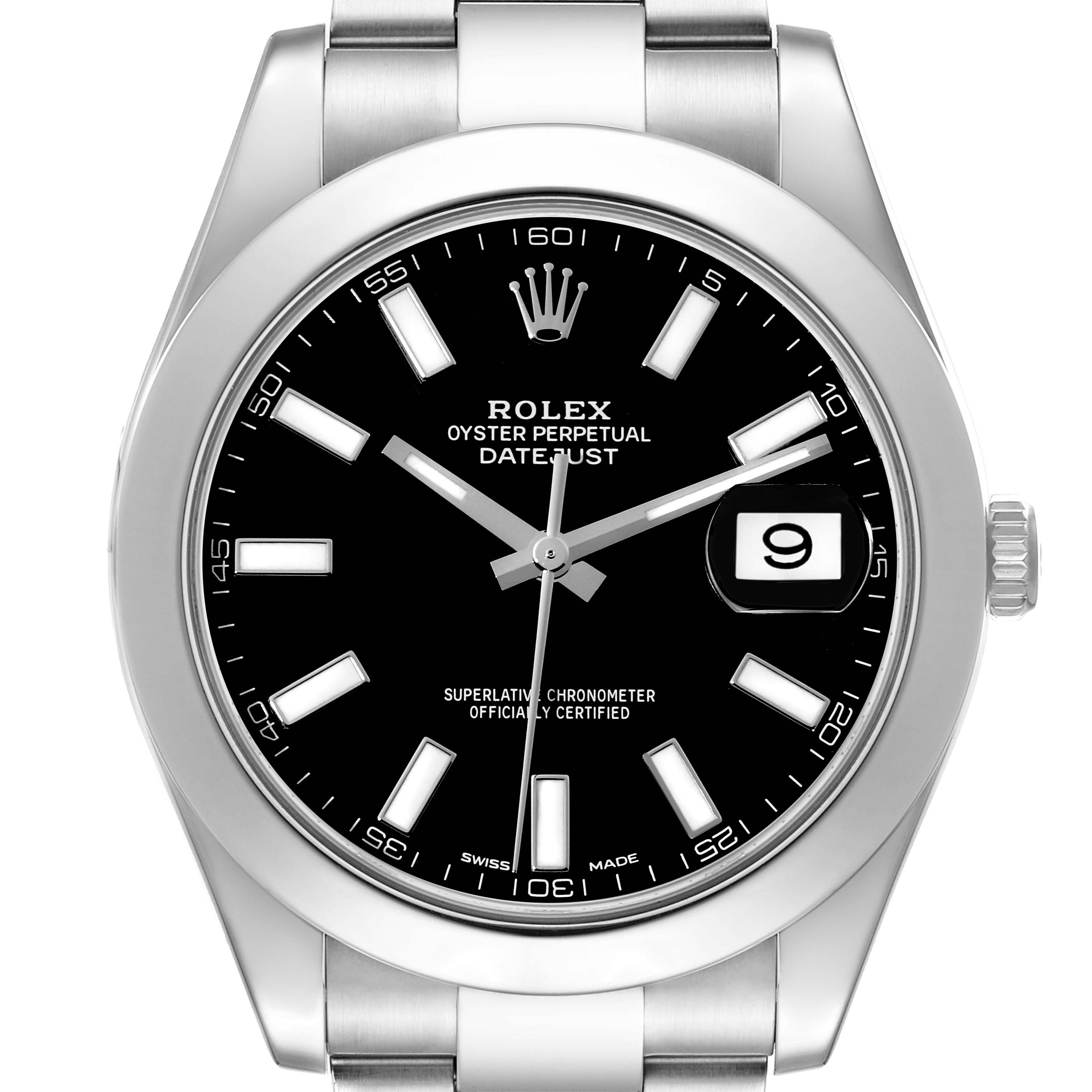 This image shows a frontal view of a Rolex Datejust 41 116300 Men's Stainless Steel Black Dial 116300 Men's Stainless Steel Black Dial watch, displaying the dial, bezel, case, bracelet, and crown.