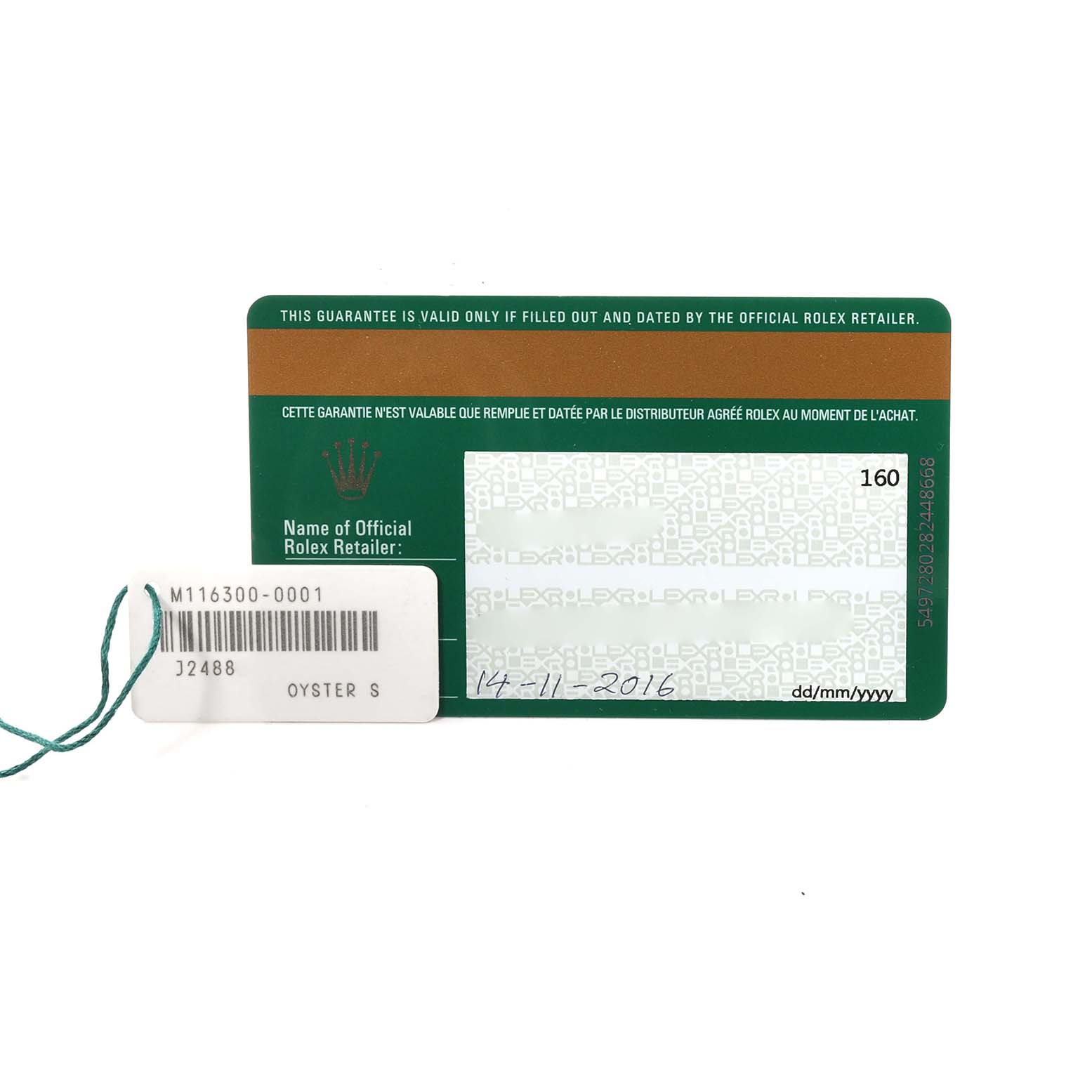 The image shows the warranty card and a tag for the Rolex Datejust 41 116300 Men's Stainless Steel Black Dial 116300 Men's Stainless Steel Black Dial model.