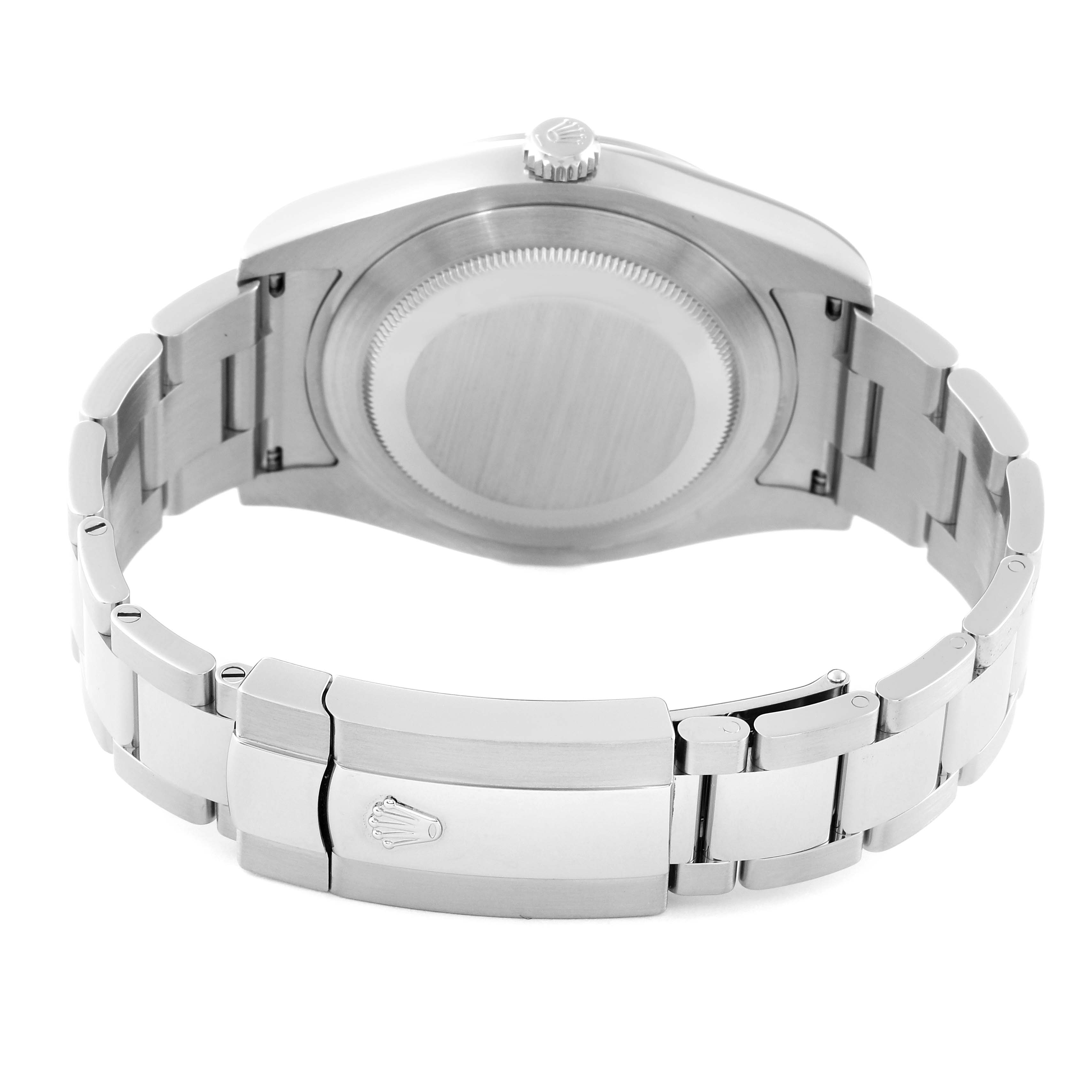 This image shows the back case and bracelet clasp of a Rolex Datejust 41 116300 Men's Stainless Steel Black Dial 116300 Men's Stainless Steel Black Dial model viewed from the rear.