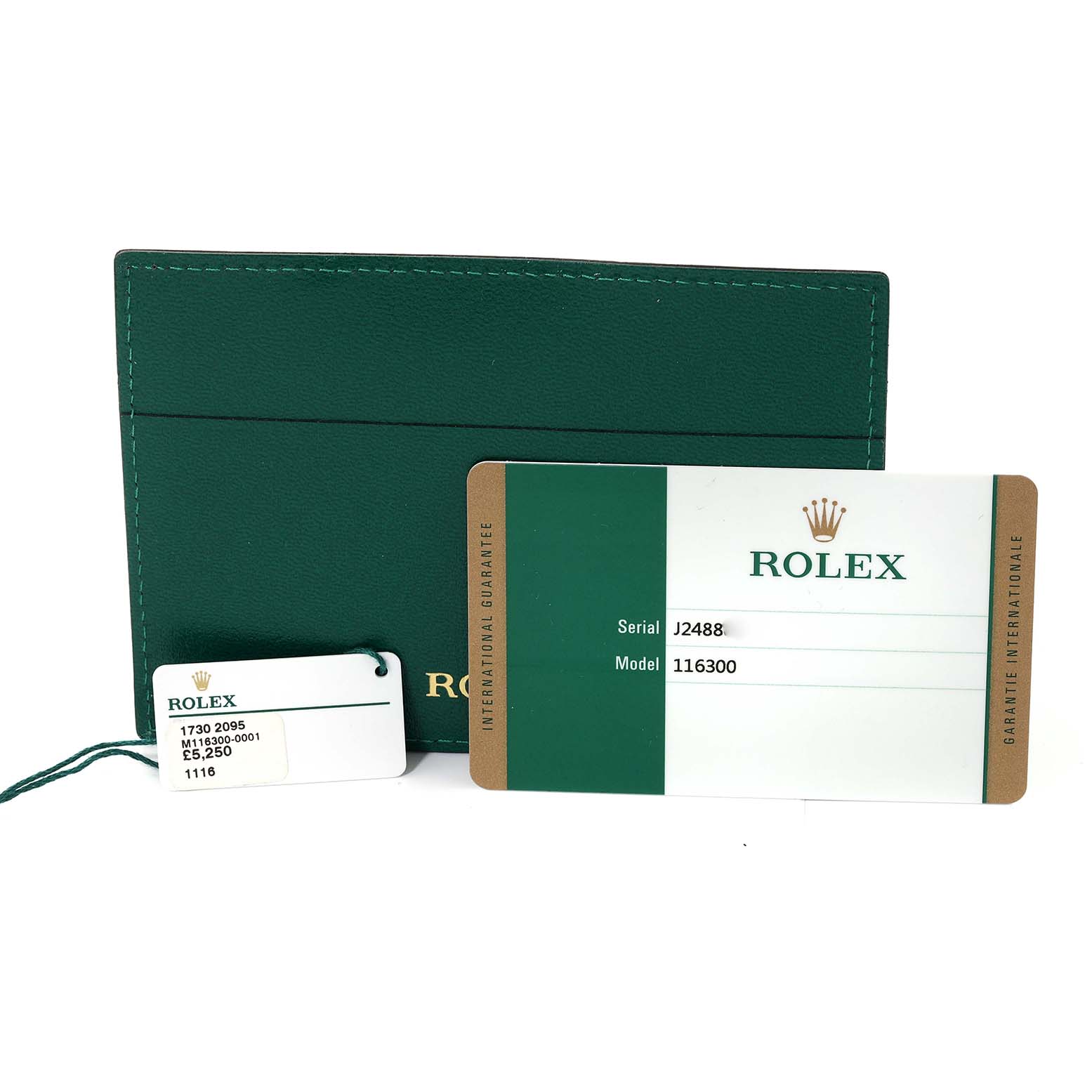 The image shows the warranty card, price tag, and green cardholder for the Rolex Datejust 41 116300 Men's Stainless Steel Black Dial 116300 Men's Stainless Steel Black Dial.