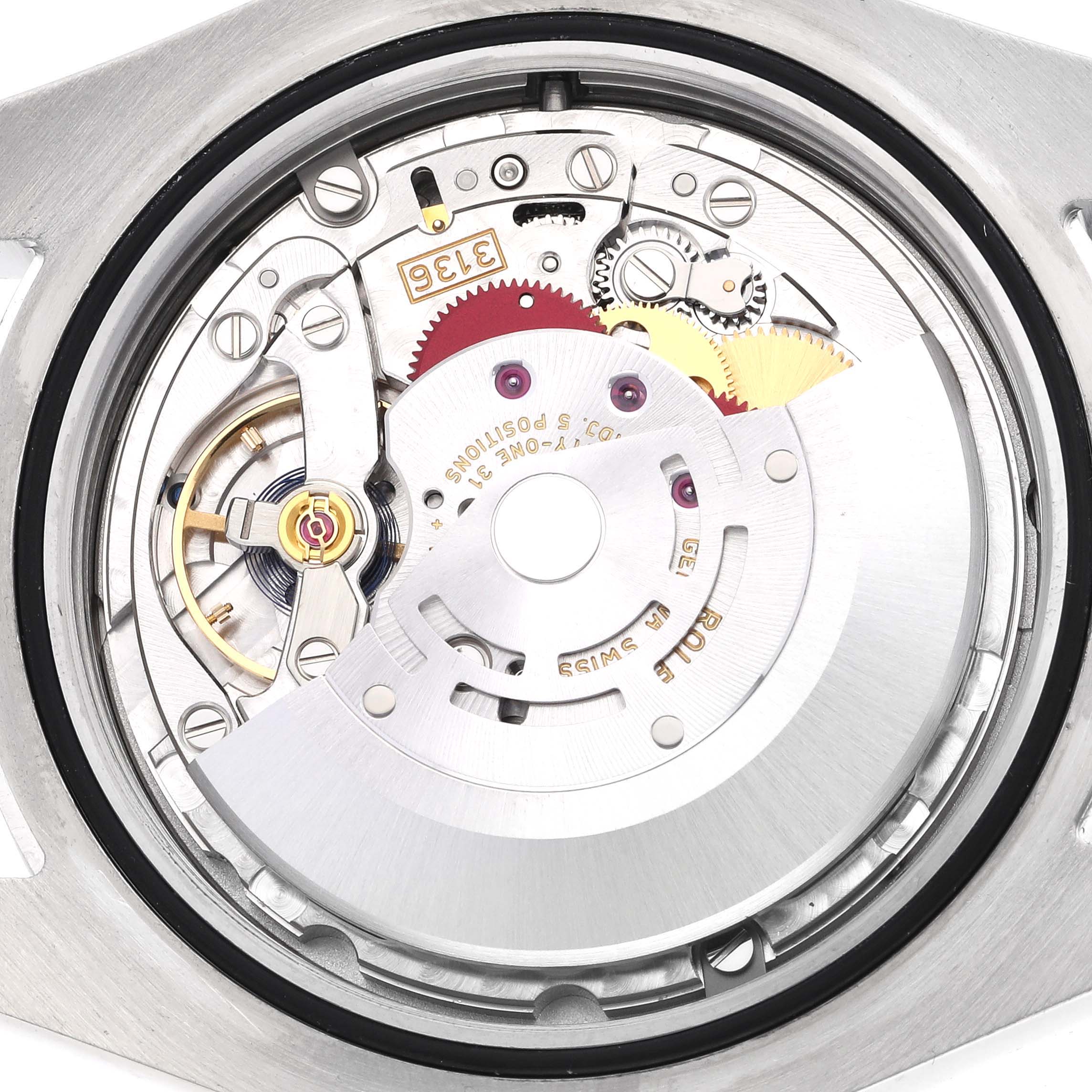 The image shows the movement mechanism of a Rolex Datejust 41 116300 Men's Stainless Steel Black Dial 116300 Men's Stainless Steel Black Dial watch from the back angle.
