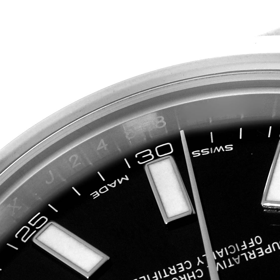 This image shows a close-up of the dial and partial bezel of the Rolex Datejust 41 116300 Men's Stainless Steel Black Dial 116300 Men's Stainless Steel Black Dial, highlighting the date window and hour markers.