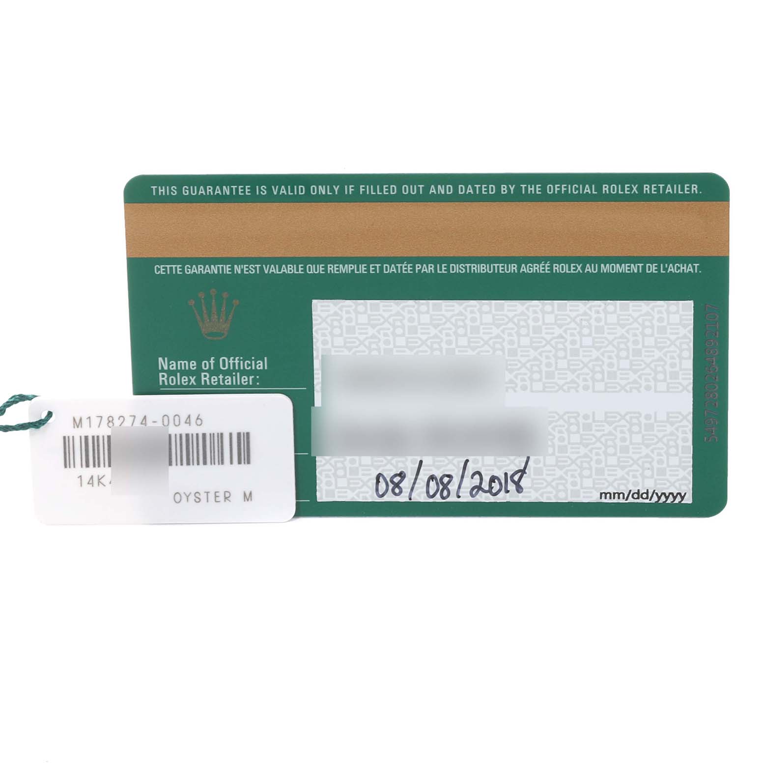 The image shows a guarantee card and tag for a Rolex Mid-Size 178274 Women's Stainless Steel Mother of Pearl Dial 178274 Women's Stainless Steel Mother of Pearl Dial watch model with handwritten purchase date.