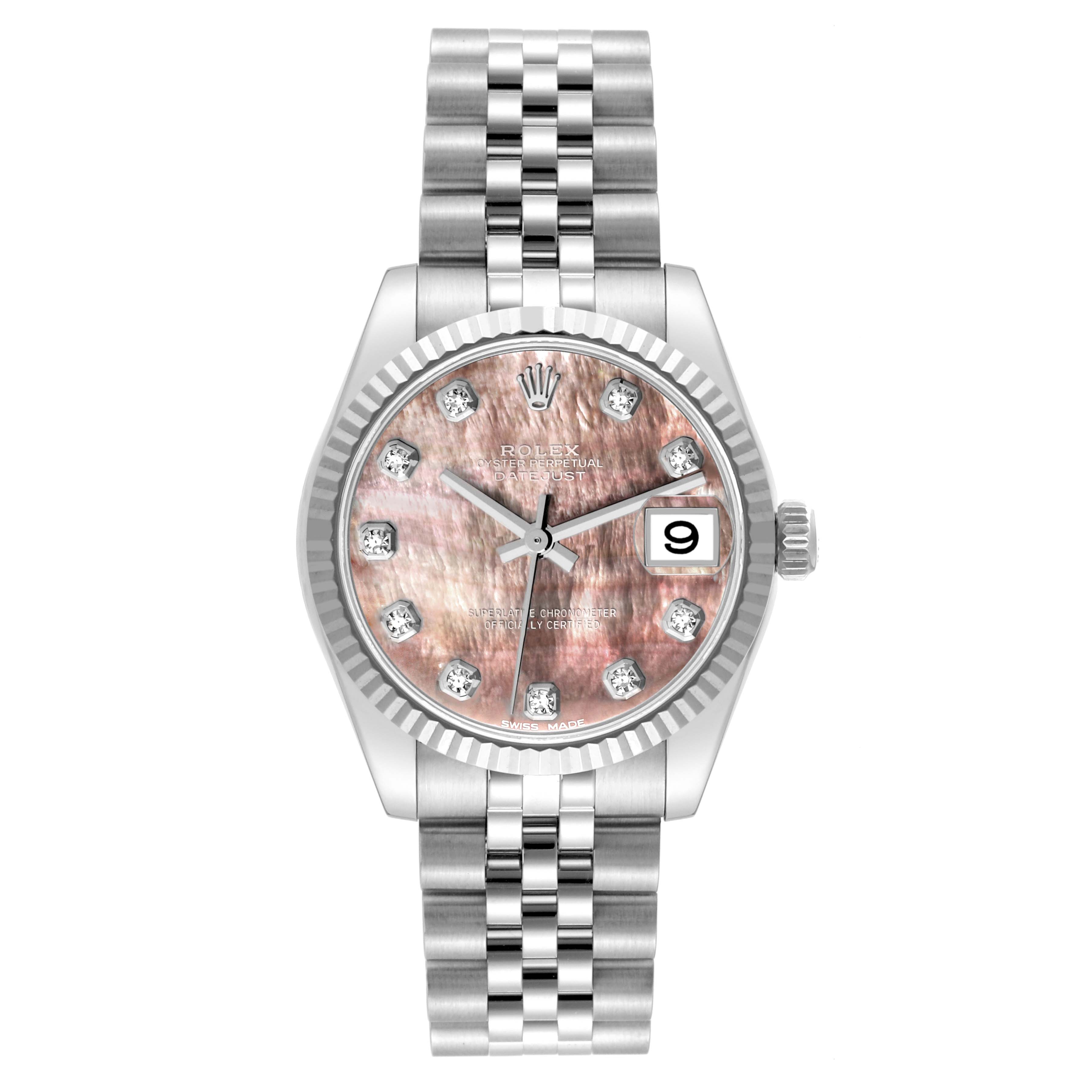 The image shows a frontal view of a Mid-Size Rolex watch, highlighting the dial, bezel, hands, and bracelet.