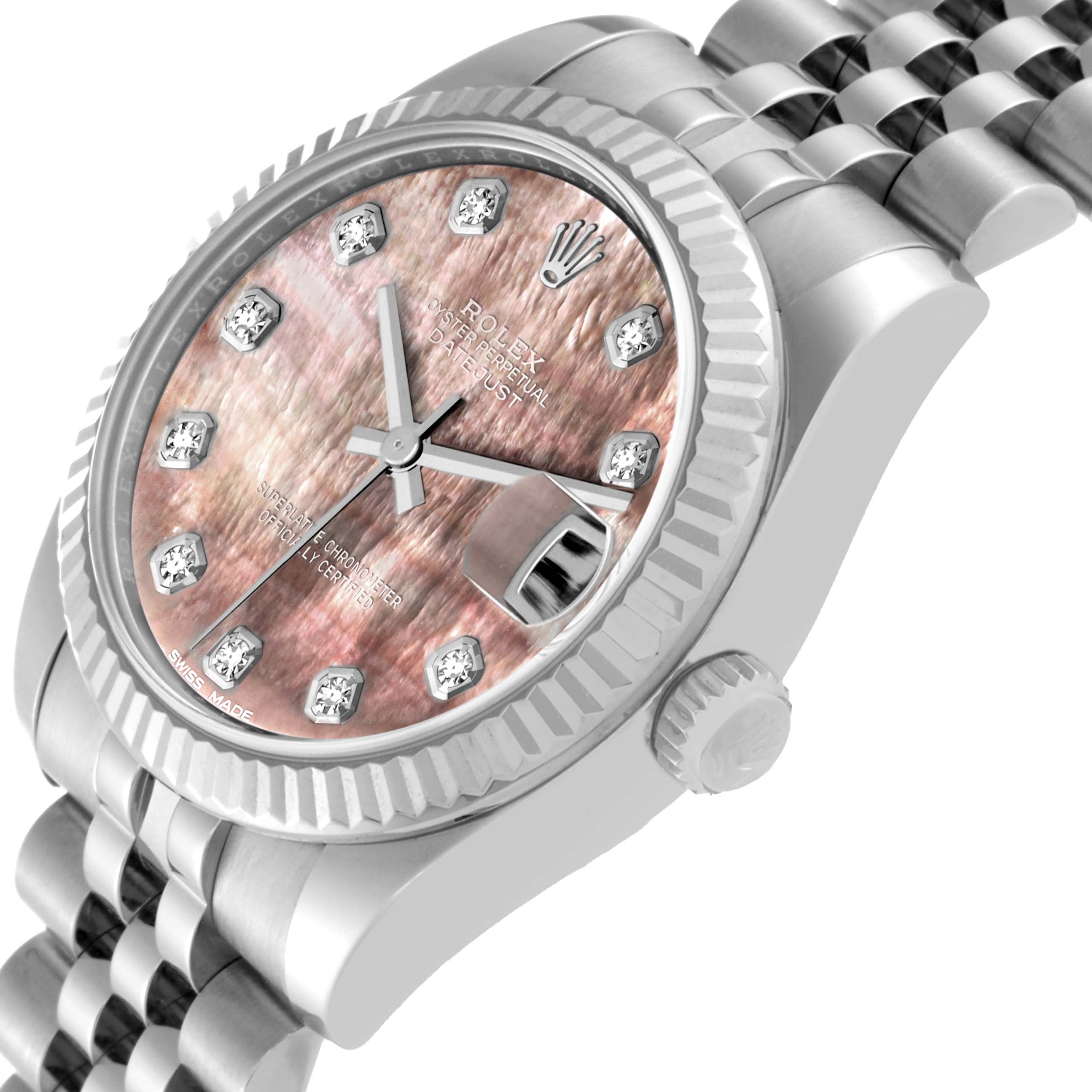 The image shows a side-angle view of the Rolex Mid-Size 178274 Women's Stainless Steel Mother of Pearl Dial 178274 Women's Stainless Steel Mother of Pearl Dial model watch, highlighting the dial, bezel, and part of the bracelet.