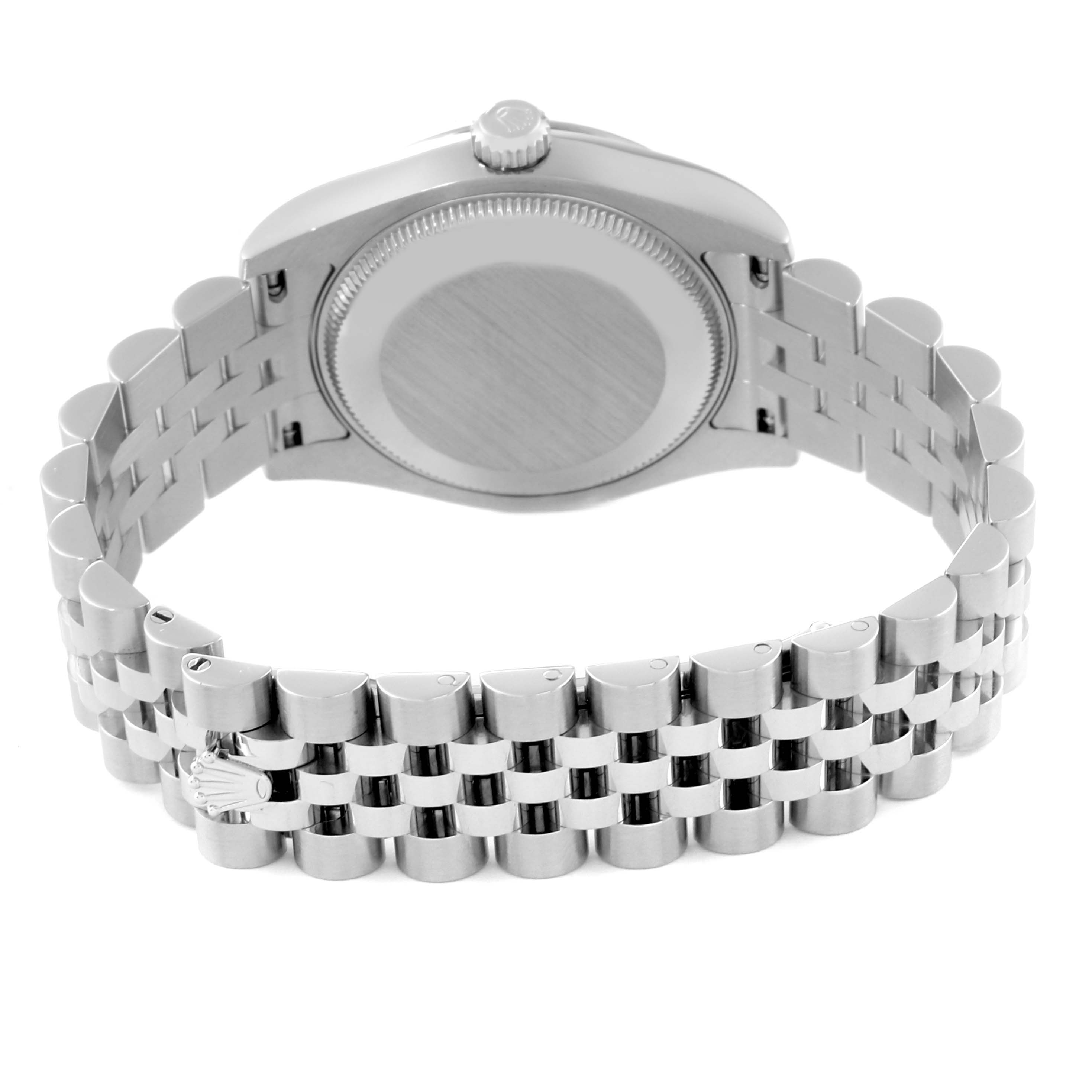 The image shows the back case and bracelet of a Rolex Mid-Size 178274 Women's Stainless Steel Mother of Pearl Dial 178274 Women's Stainless Steel Mother of Pearl Dial watch from a rear angle.