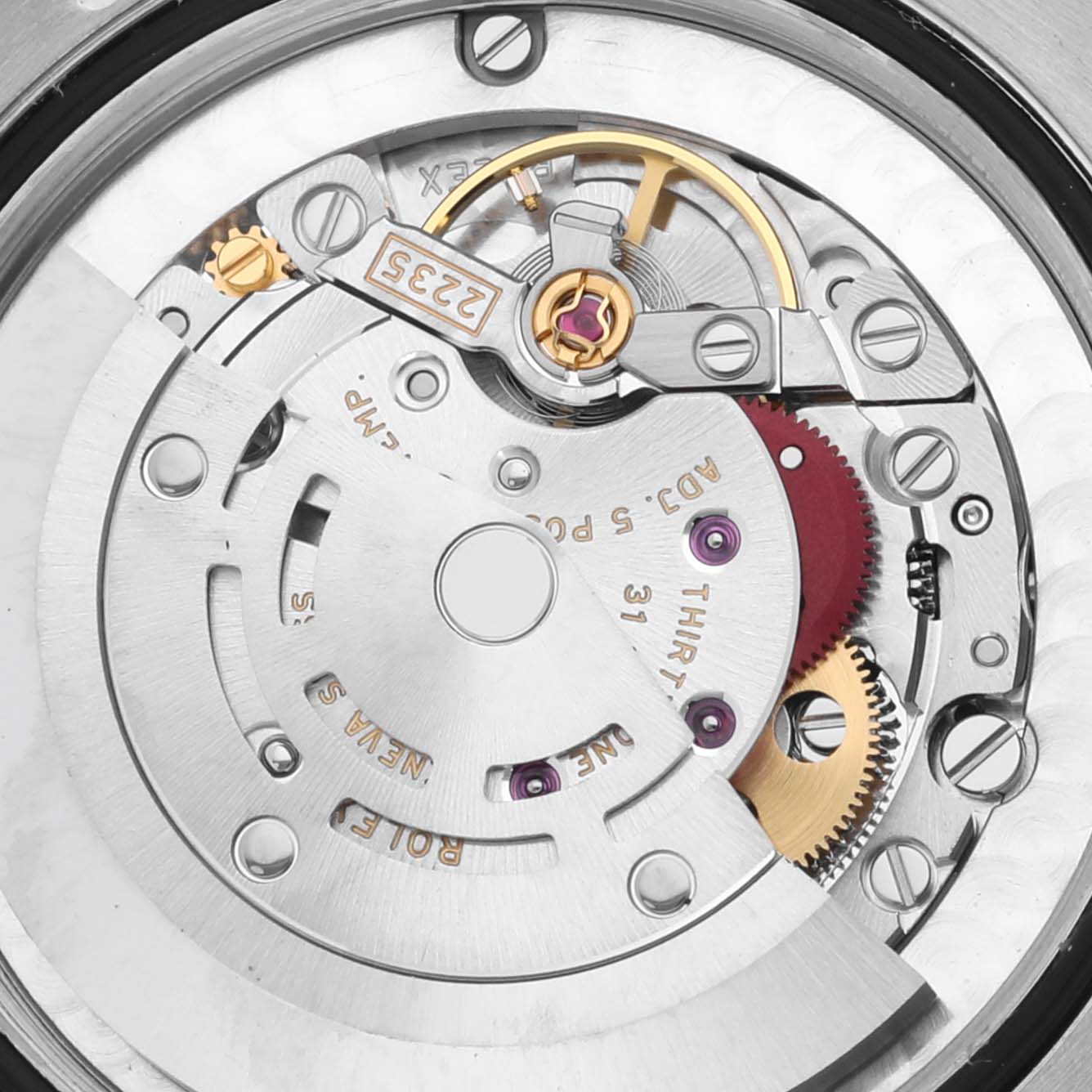The image shows a close-up of the movement mechanism inside a Rolex Mid-Size 178274 Women's Stainless Steel Mother of Pearl Dial 178274 Women's Stainless Steel Mother of Pearl Dial watch.