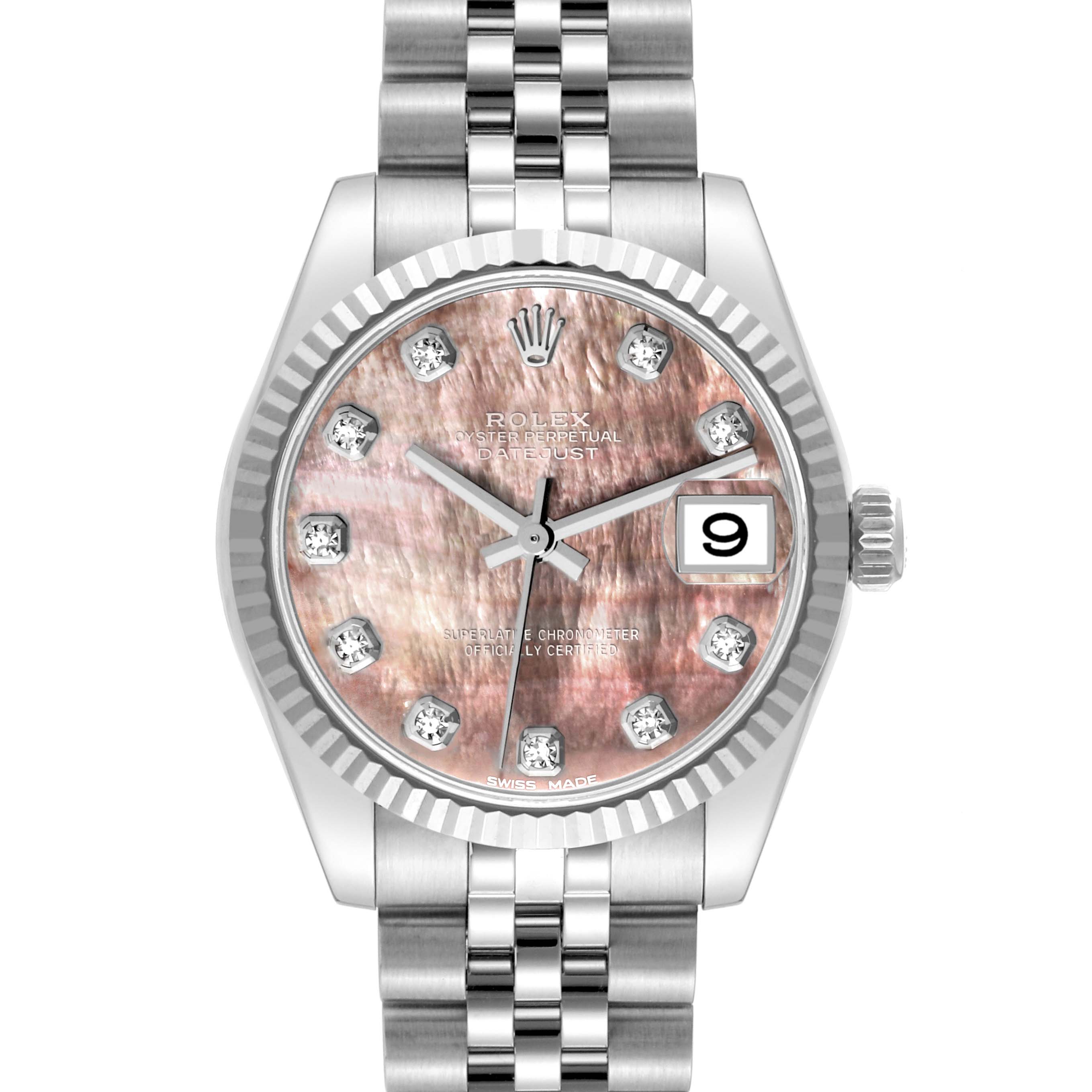 The Rolex Mid-Size 178274 Women's Stainless Steel Mother of Pearl Dial 178274 Women's Stainless Steel Mother of Pearl Dial model is shown from the front, featuring a date display, diamond hour markers, and a jubilee bracelet.