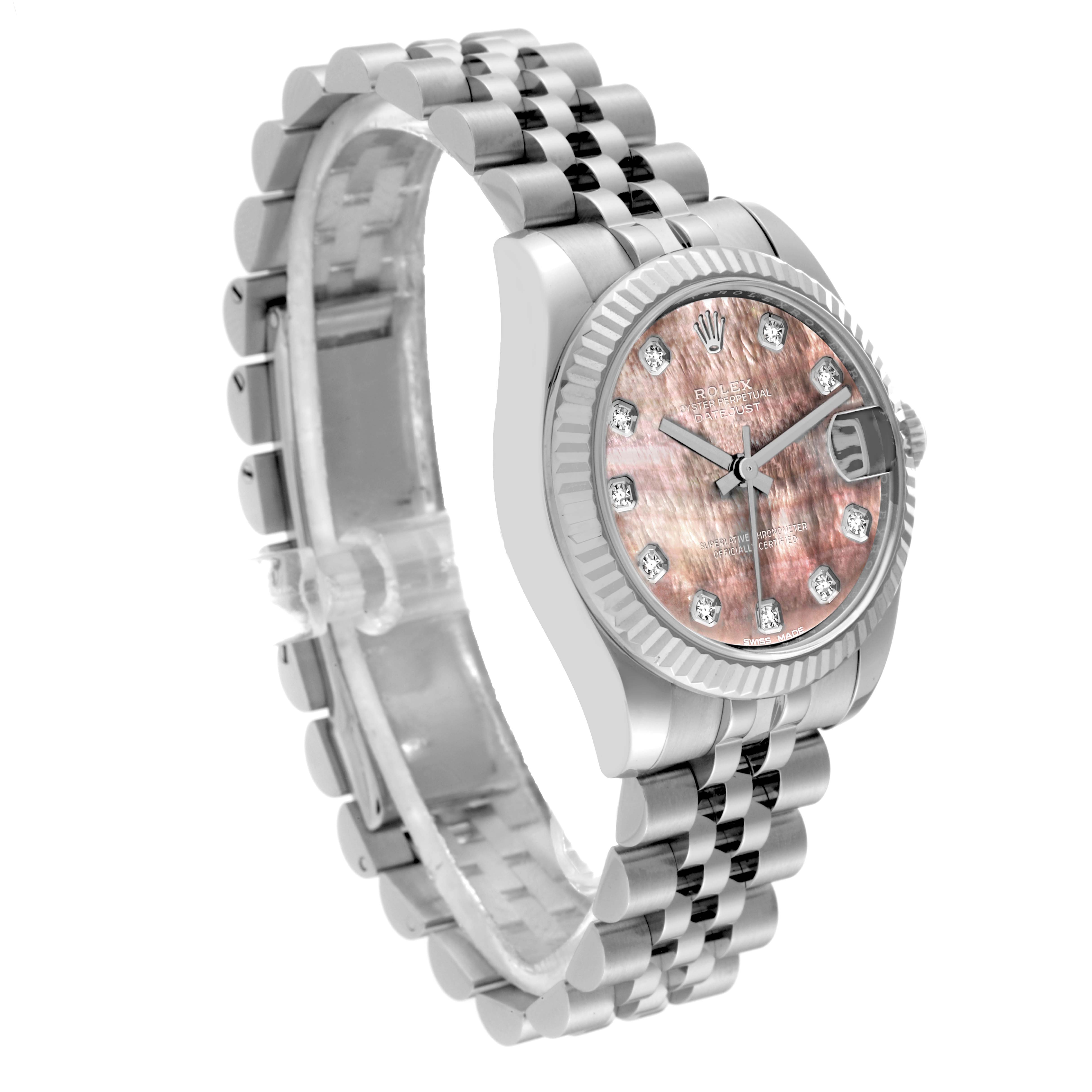 The image shows a side-angle view of the Rolex Mid-Size 178274 Women's Stainless Steel Mother of Pearl Dial 178274 Women's Stainless Steel Mother of Pearl Dial model watch, showcasing the face, bezel, and bracelet.