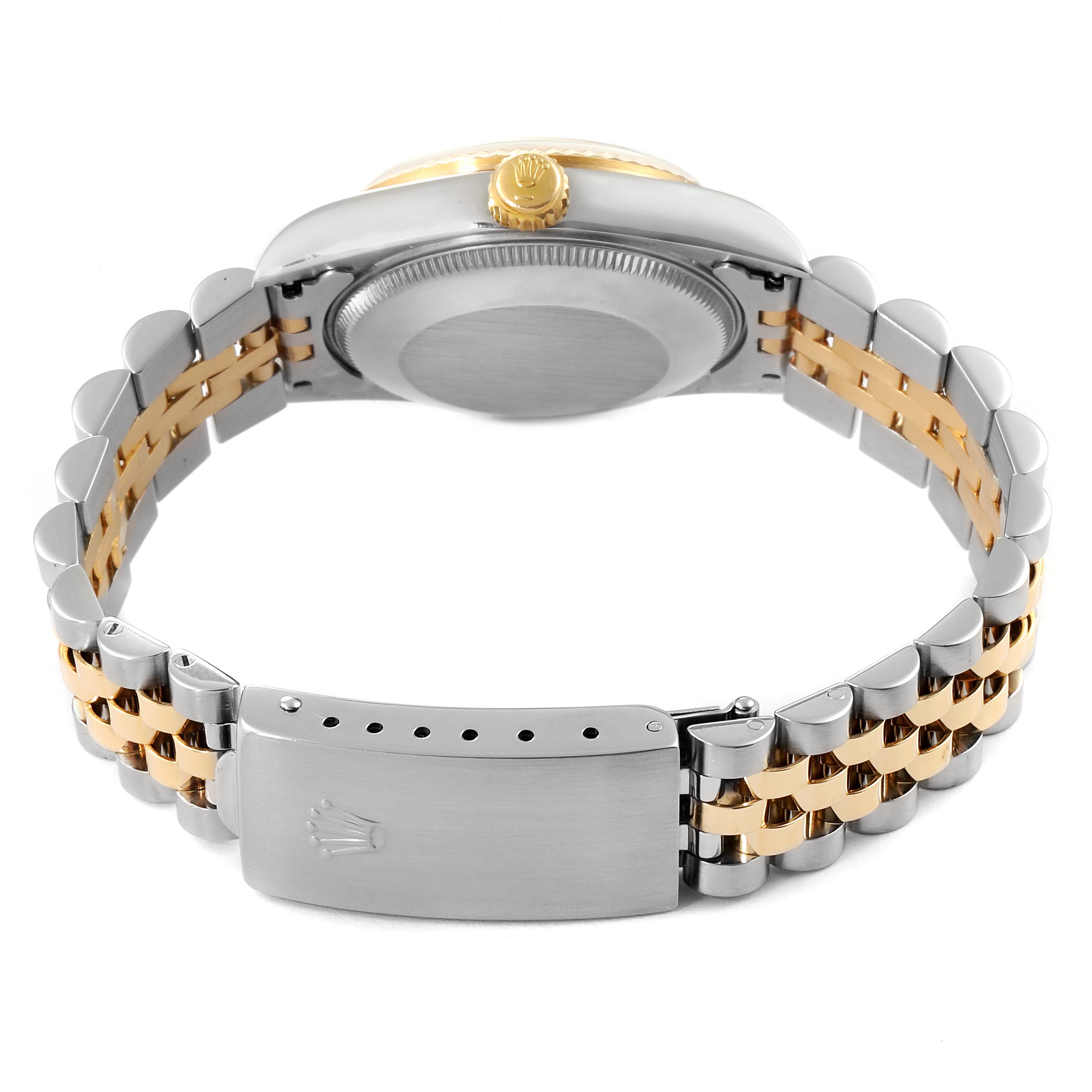 This image shows a rear view of a Mid-Size Rolex watch, focusing on its case, crown, and dual-tone bracelet with clasp.