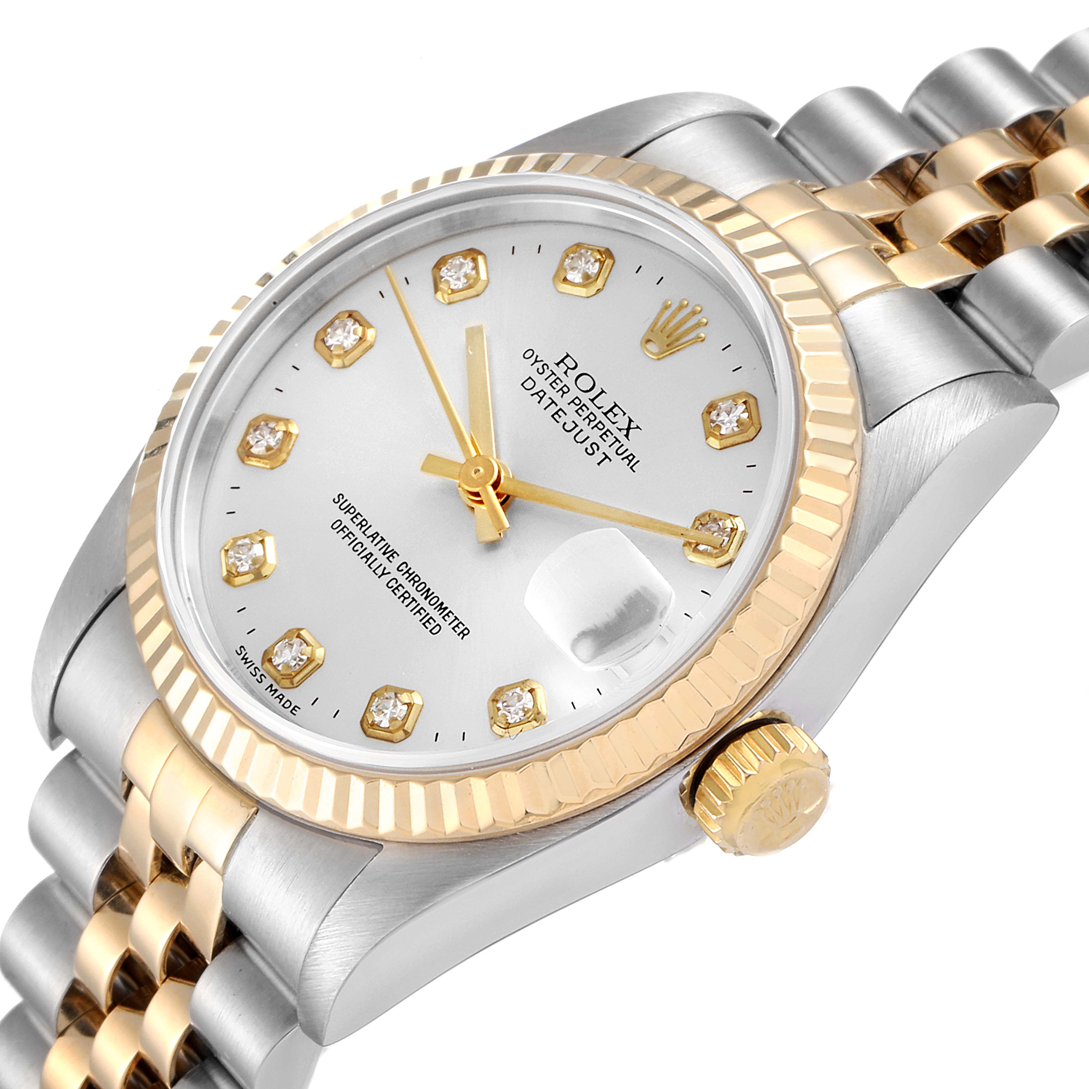 This image shows a close-up view of a Rolex Mid-Size 68273 Women
s Steel and Gold (two tone) Silver Dial 68273 Women
s Steel and Gold (two tone) Silver Dial Oyster Perpetual Datejust, highlighting its bezel, dial, crown, and bracelet.