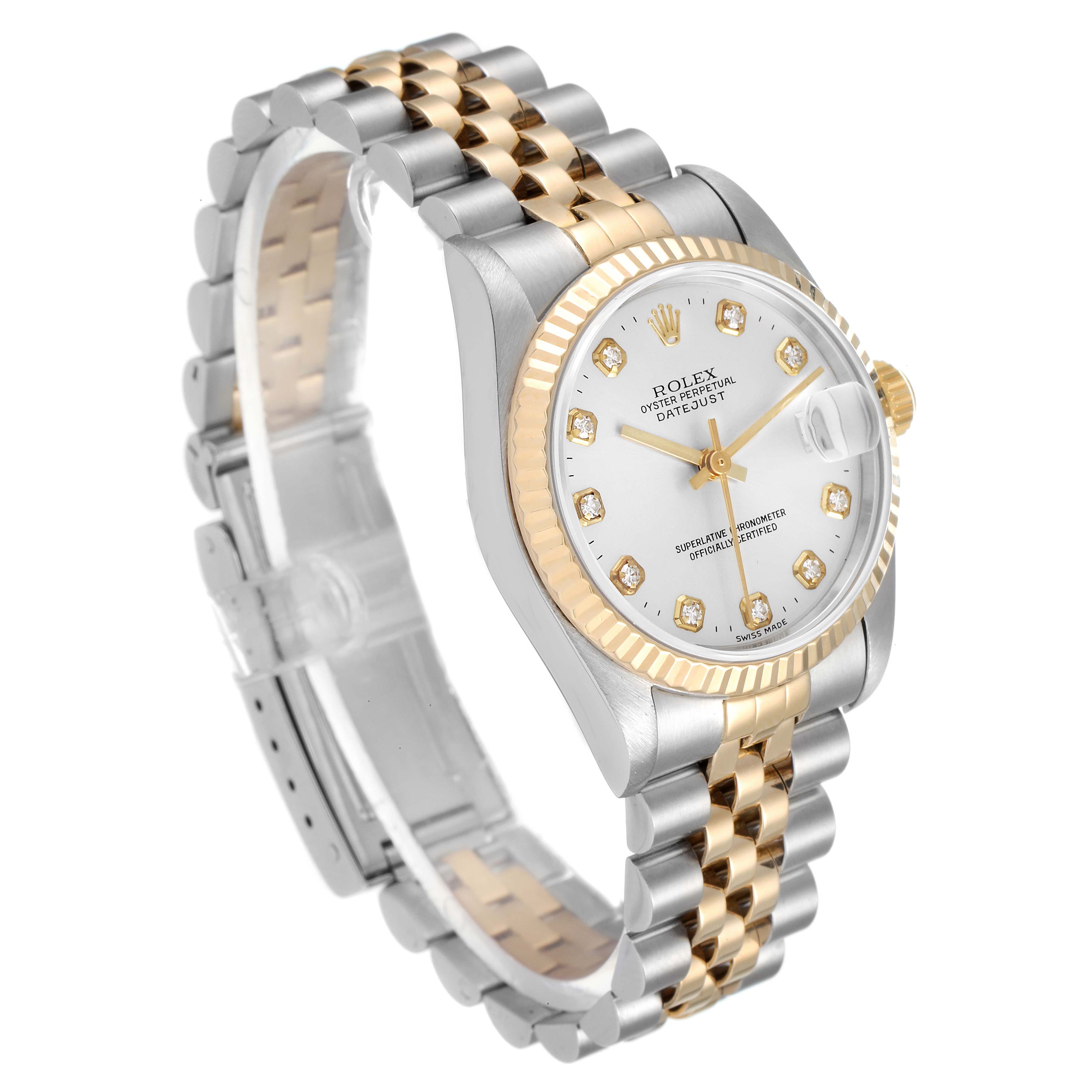 This Rolex Mid-Size 68273 Women
s Steel and Gold (two tone) Silver Dial 68273 Women
s Steel and Gold (two tone) Silver Dial watch is shown at an angled side view highlighting its band, watch face, and bezel.