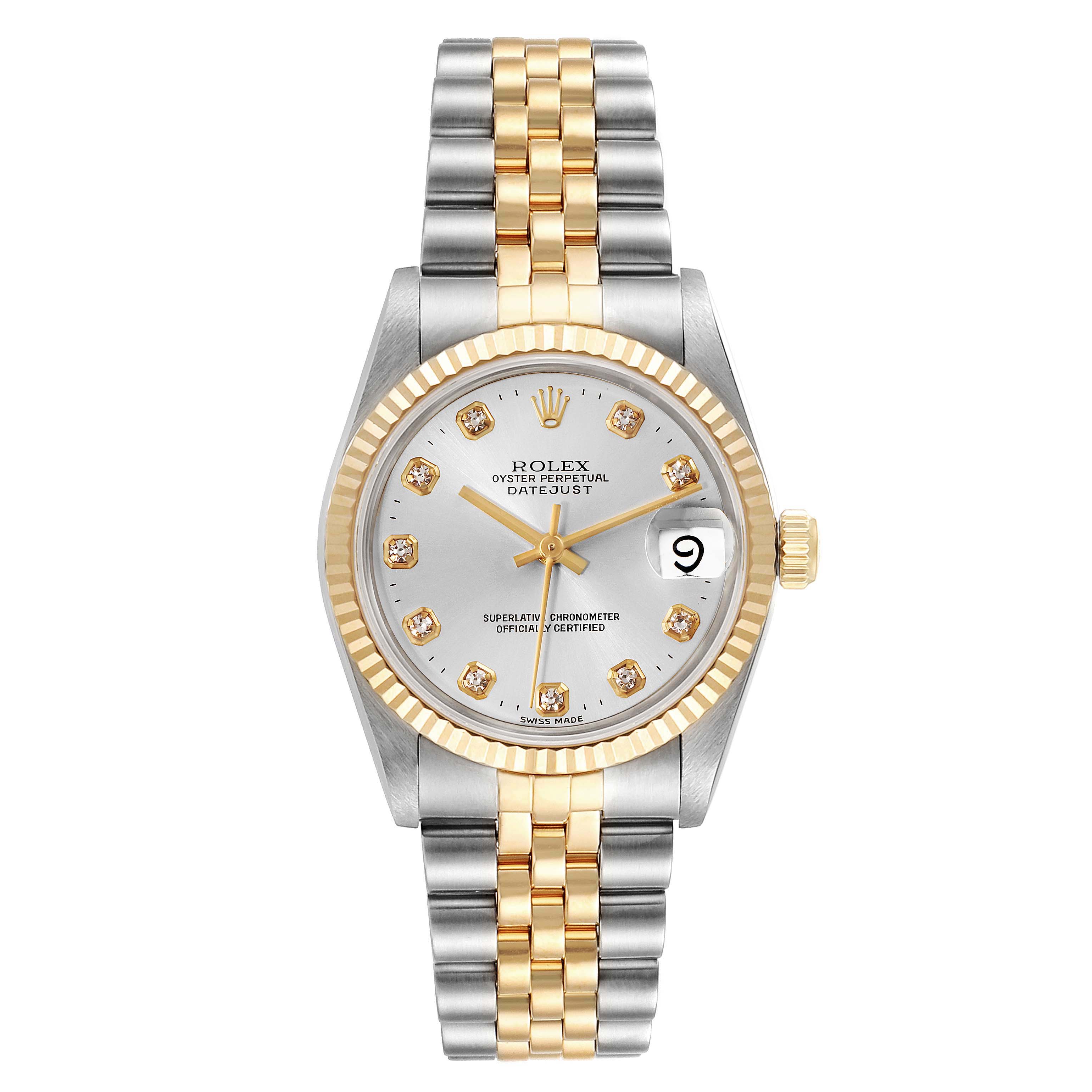 This image shows a front view of a Mid-Size Rolex Datejust watch with a silver dial and two-tone bracelet.