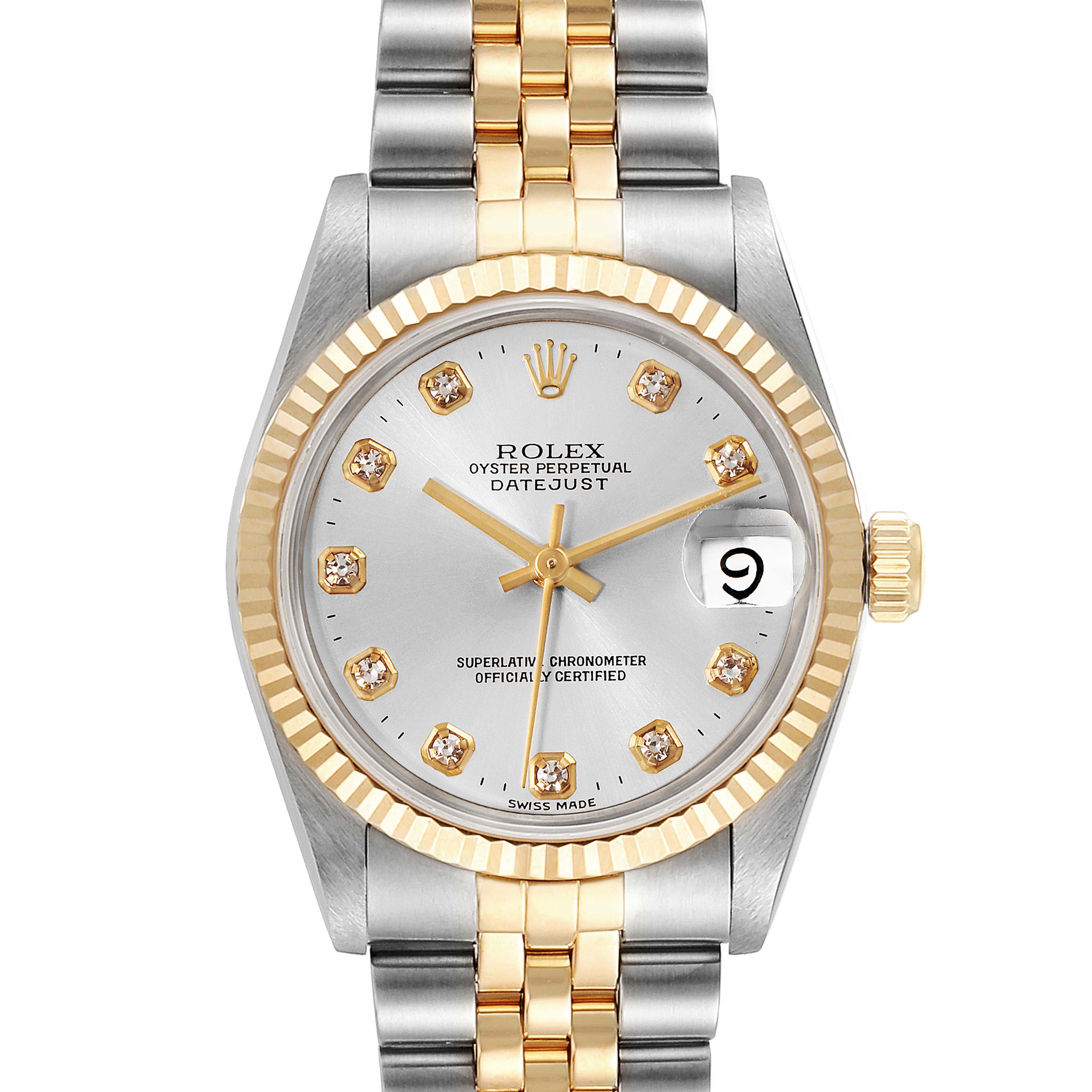 The Rolex Mid-Size 68273 Women
s Steel and Gold (two tone) Silver Dial 68273 Women
s Steel and Gold (two tone) Silver Dial Oyster Perpetual Datejust watch is shown from a front angle, displaying its face, bezel, and bracelet.