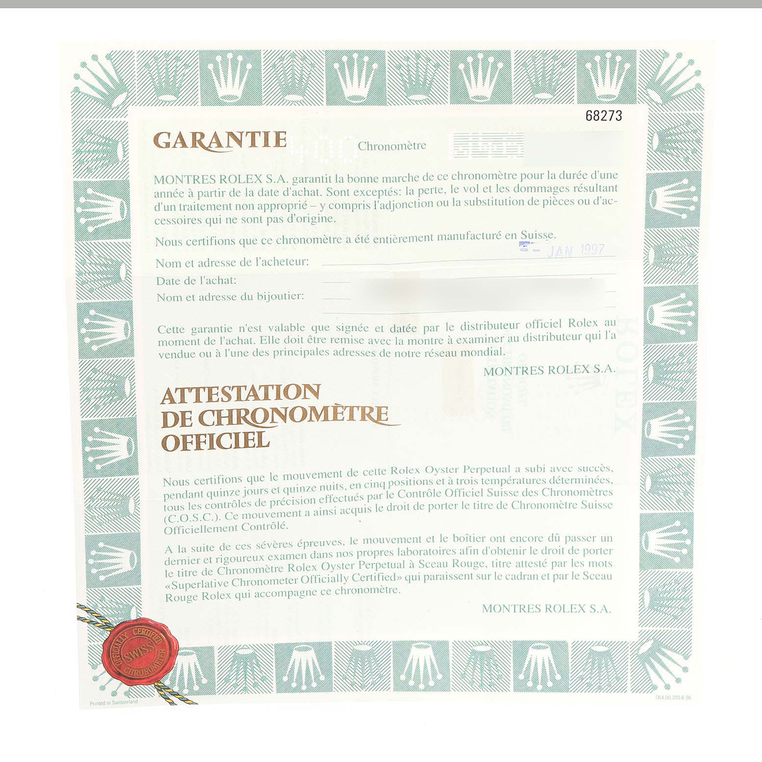 The image shows a warranty certificate for a mid-size Rolex watch, detailing its chronometer certification and purchase details.