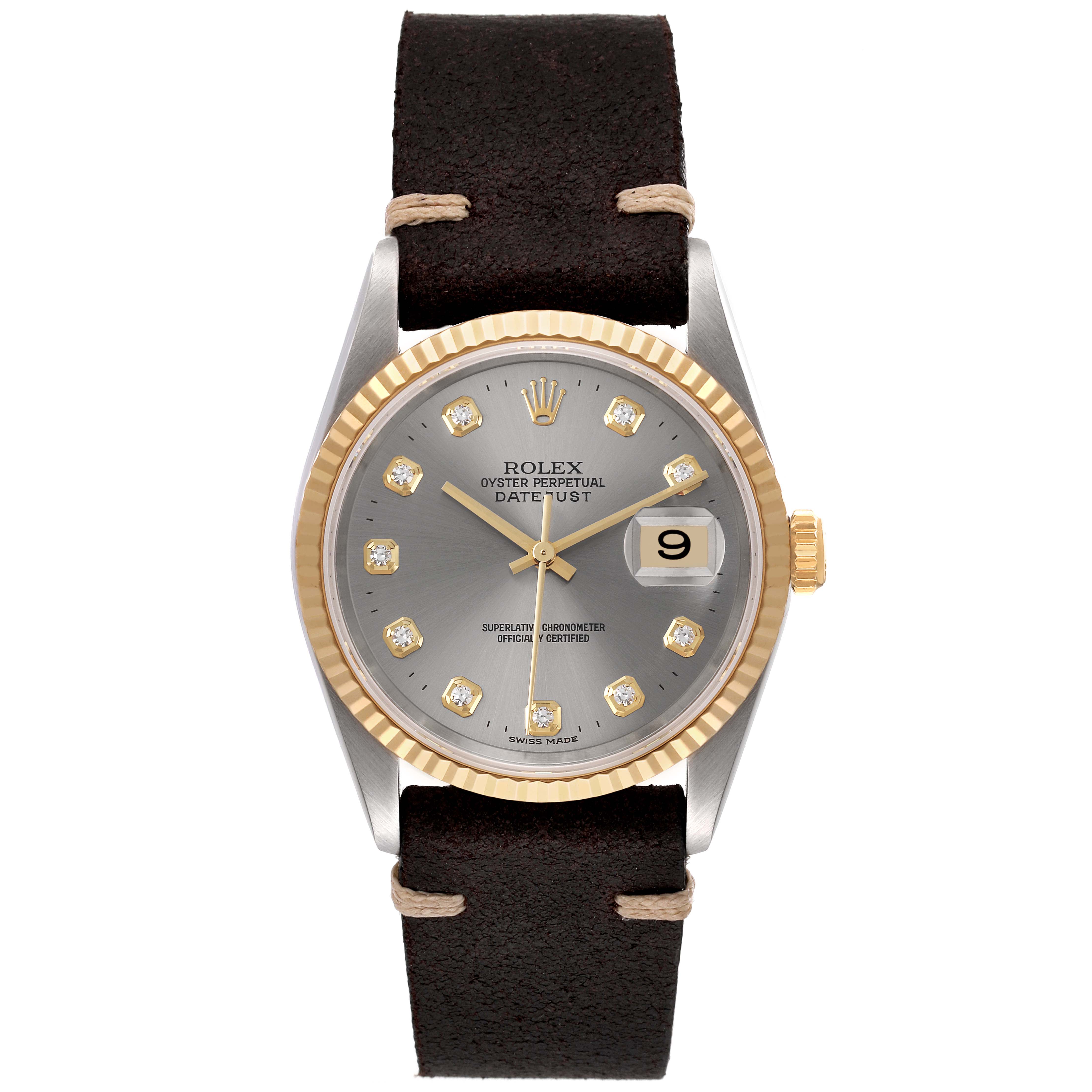 The image shows a front view of a Rolex Datejust 16233 Men's Steel and Gold (two tone) Silver Dial 16233 Men's Steel and Gold (two tone) Silver Dial watch, highlighting its dial, bezel, and leather strap.