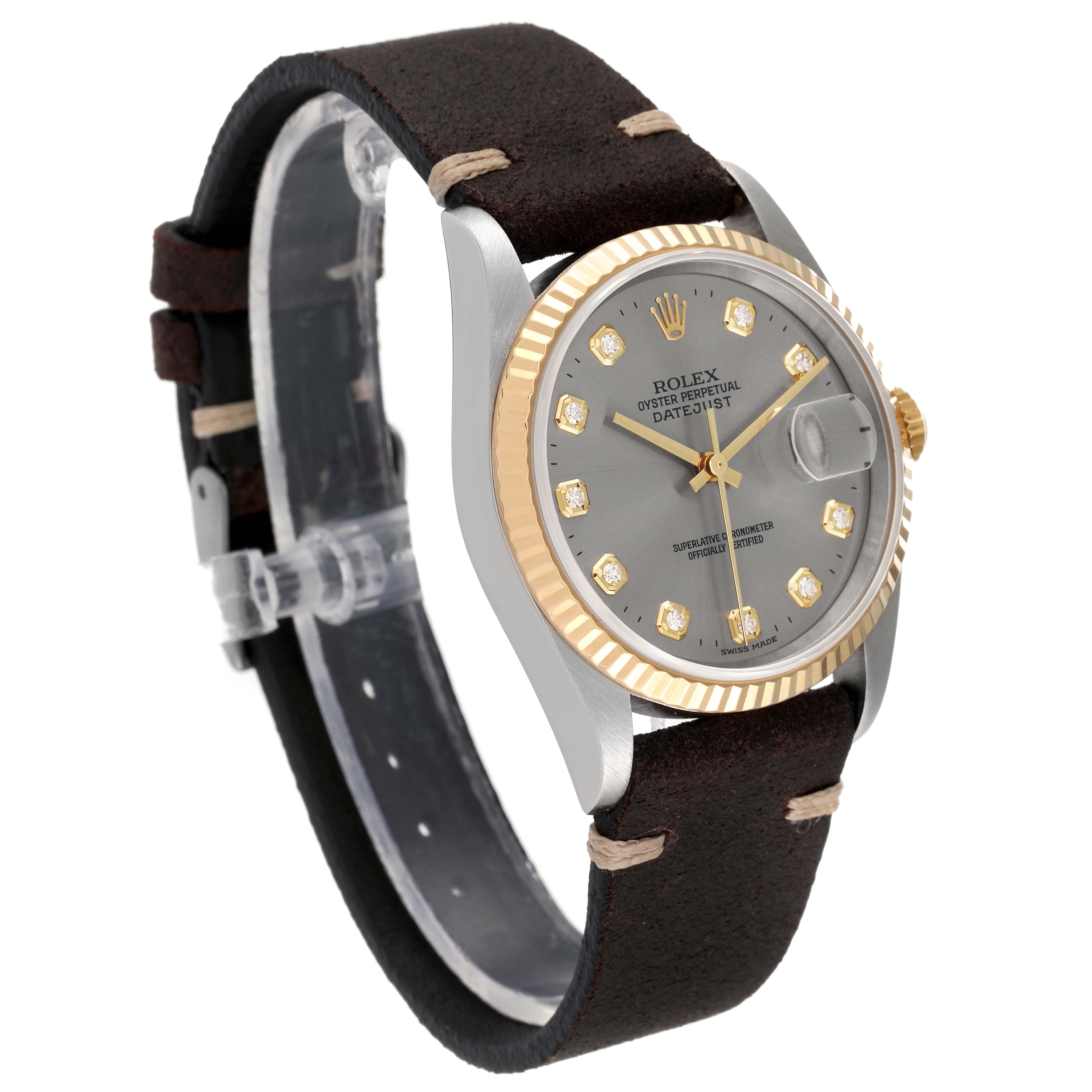 This is a side-angle view of a Rolex Datejust 16233 Men's Steel and Gold (two tone) Silver Dial 16233 Men's Steel and Gold (two tone) Silver Dial watch showcasing the face, bezel, and strap.