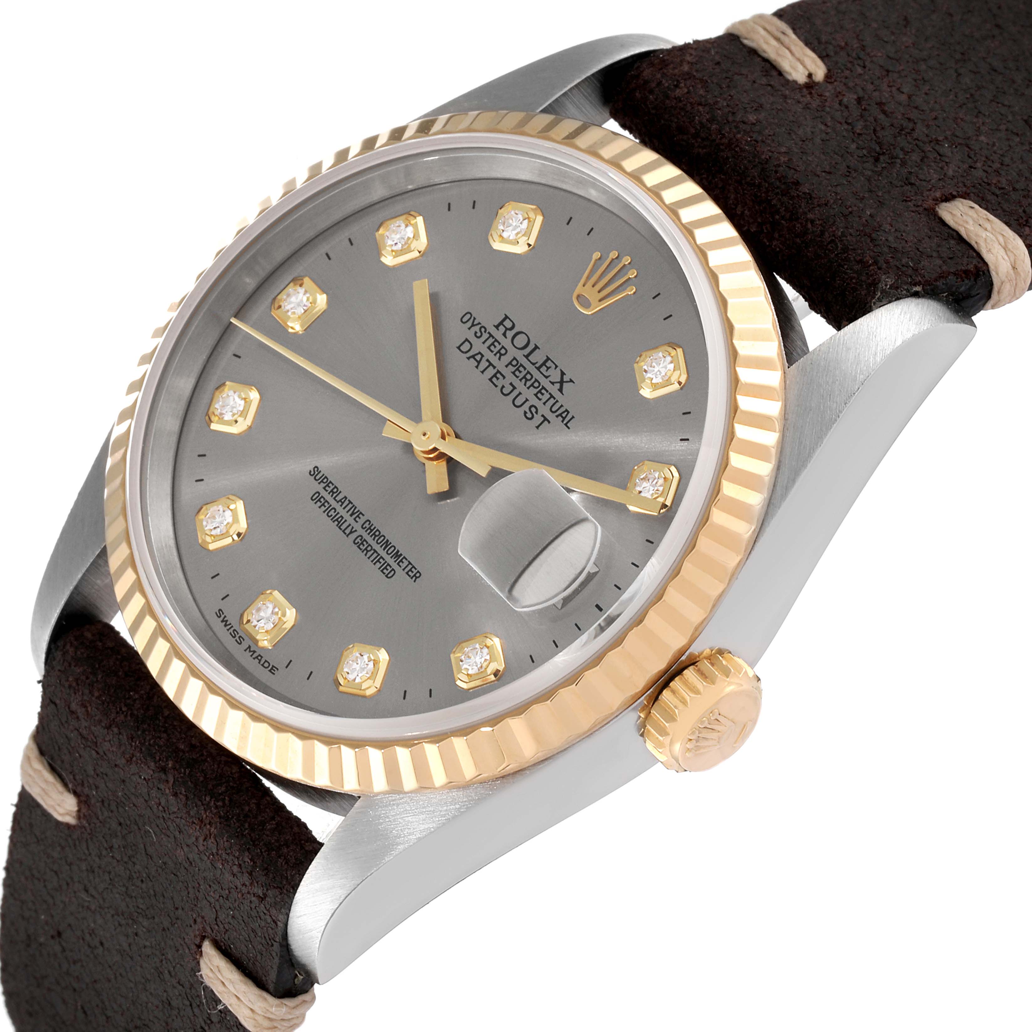 The Rolex Datejust 16233 Men's Steel and Gold (two tone) Silver Dial 16233 Men's Steel and Gold (two tone) Silver Dial watch is shown from a front angle, highlighting its dial, bezel, crown, and part of the leather strap.