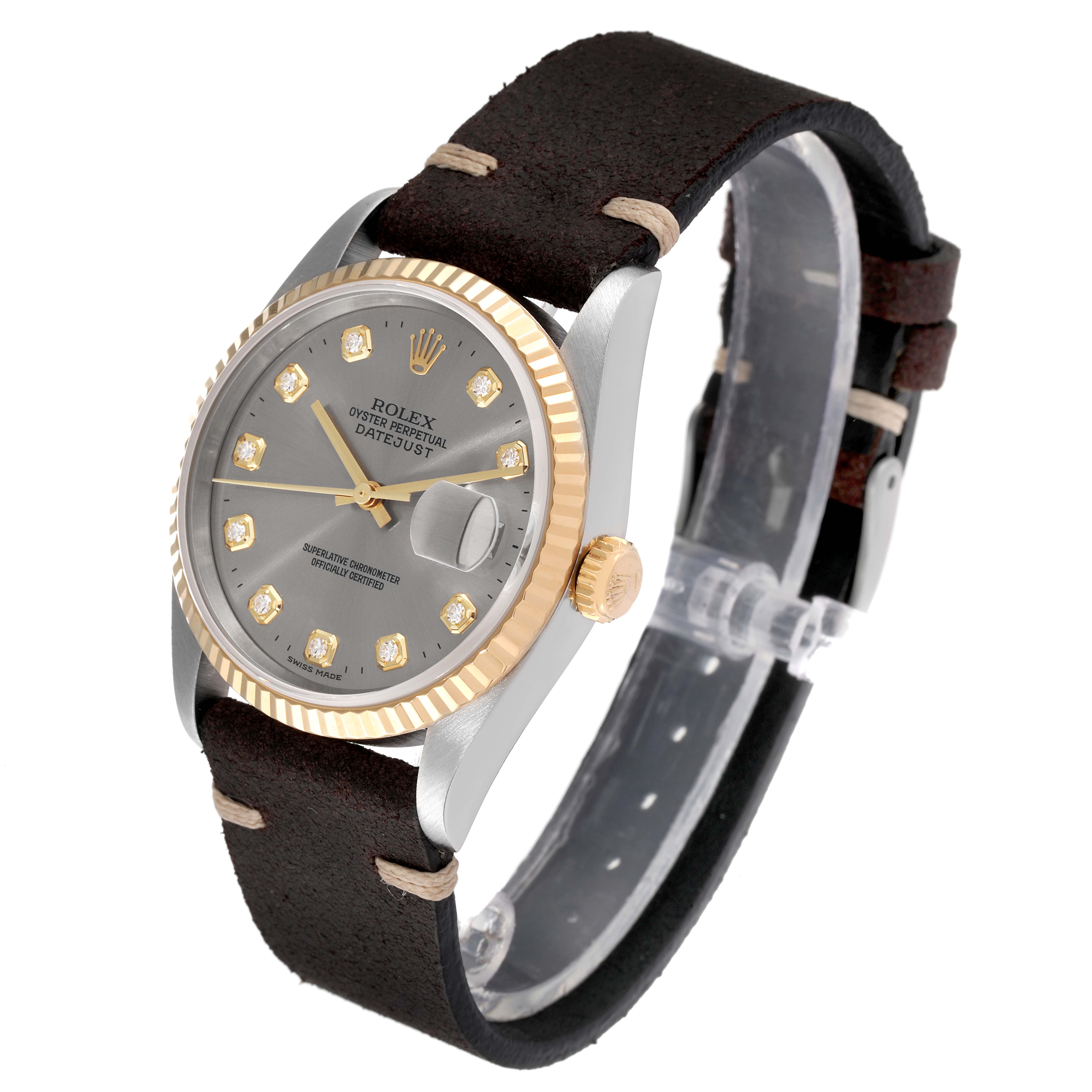 This Rolex Datejust 16233 Men's Steel and Gold (two tone) Silver Dial 16233 Men's Steel and Gold (two tone) Silver Dial watch is shown at a three-quarter angle highlighting its face, bezel, crown, and leather strap.